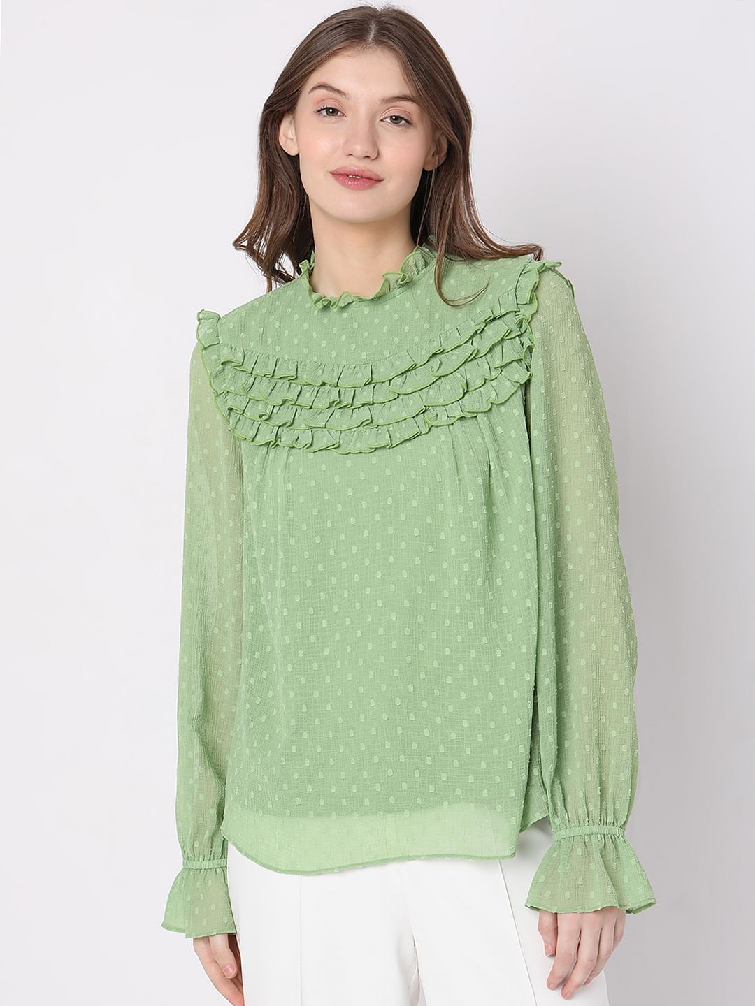 Green Polka Dot Ruffle Top
