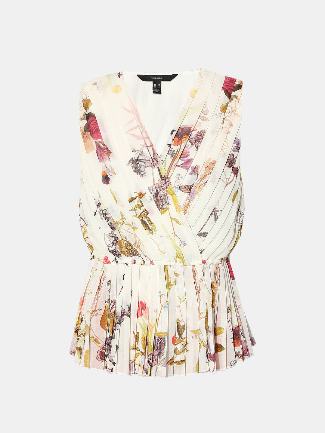 Beige Floral Pleated Top