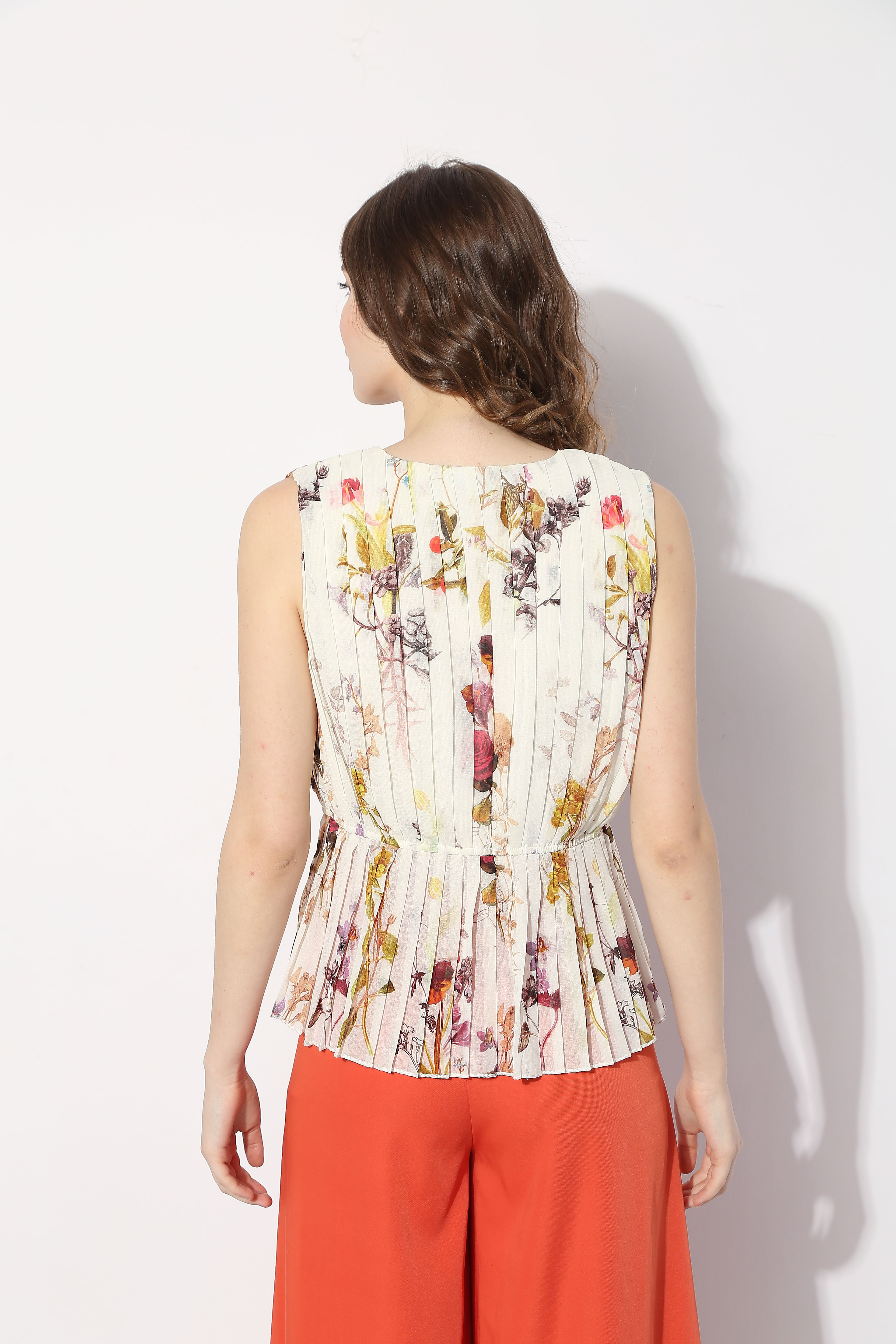Beige Floral Pleated Top