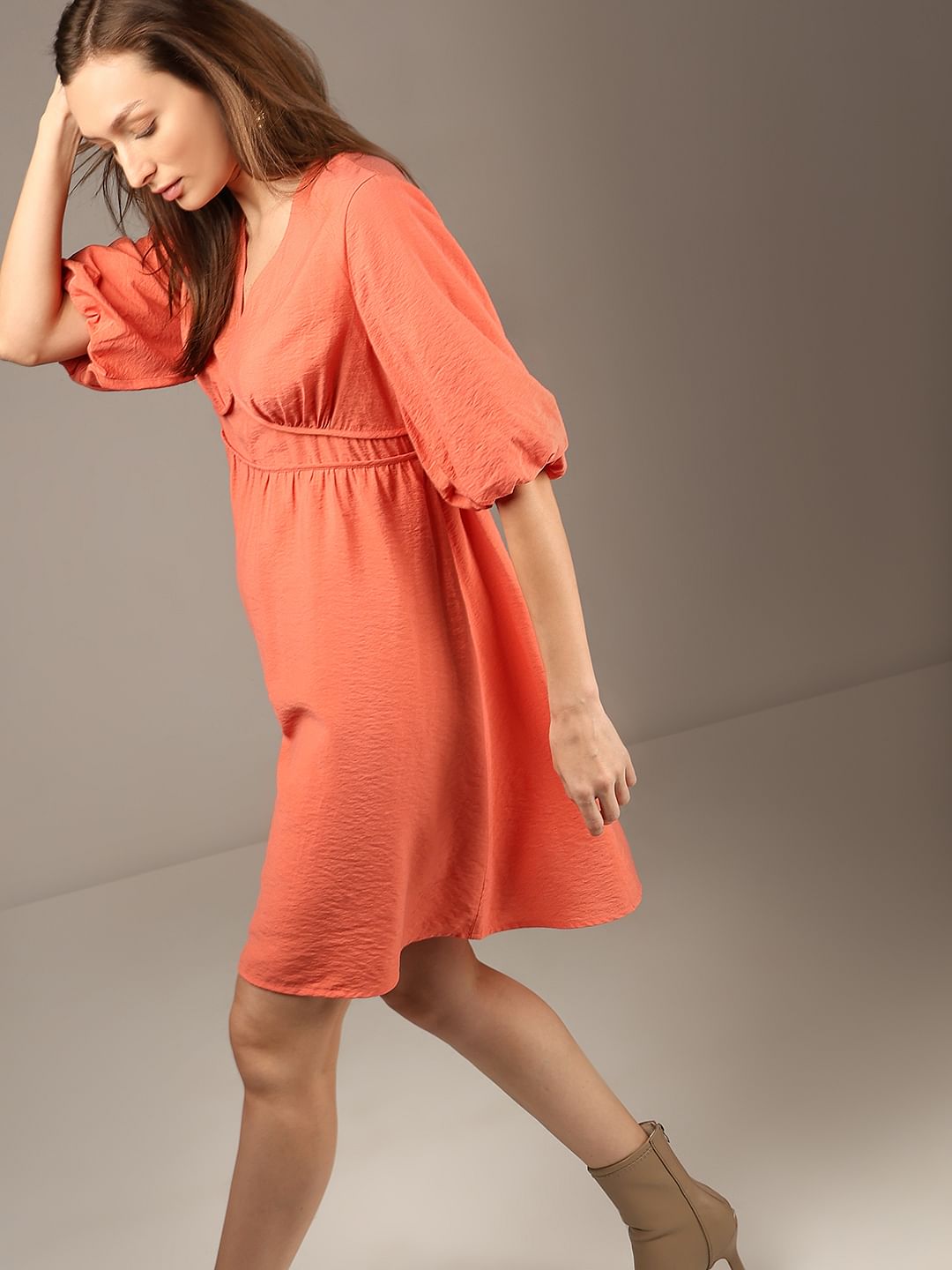 Orange V-Neck Short Dress