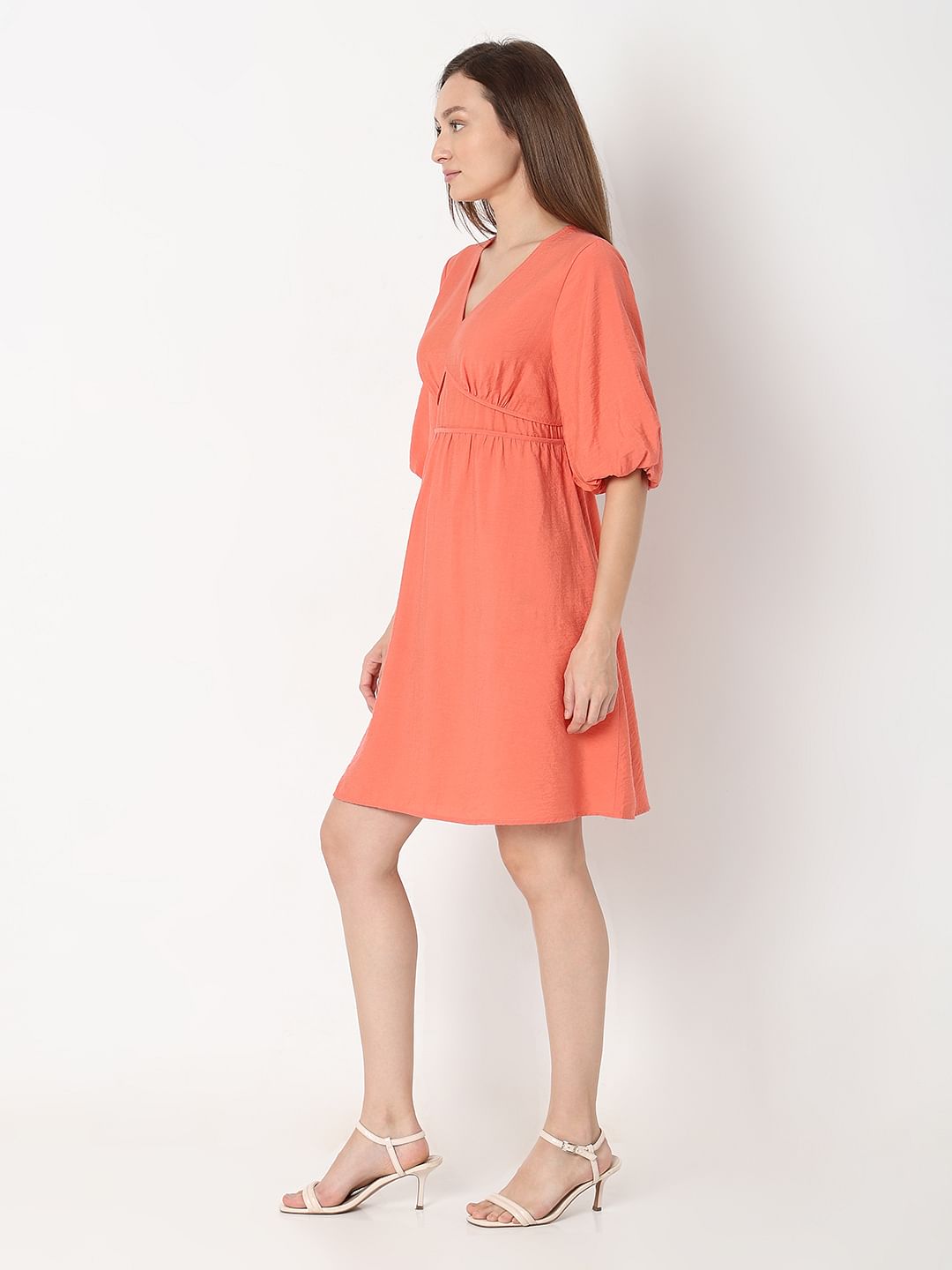 Orange V-Neck Short Dress