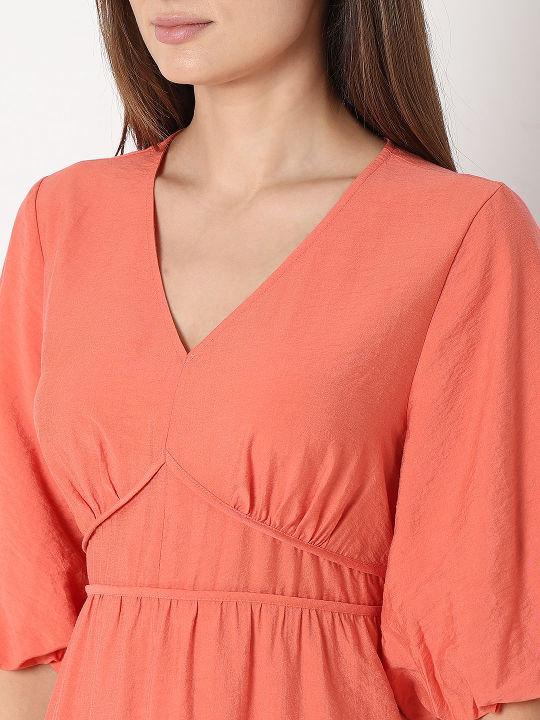 Orange V-Neck Short Dress