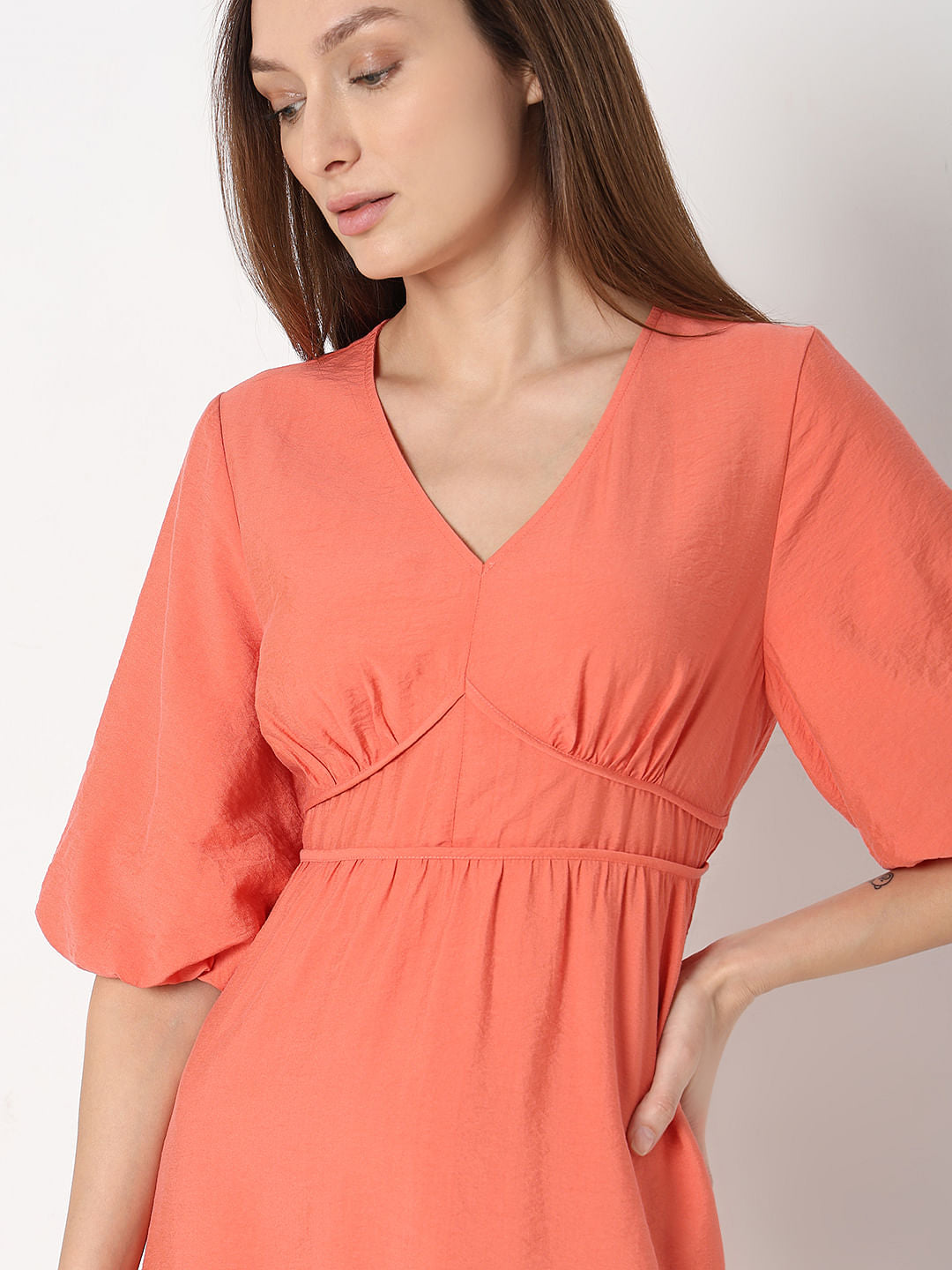 Orange V-Neck Short Dress