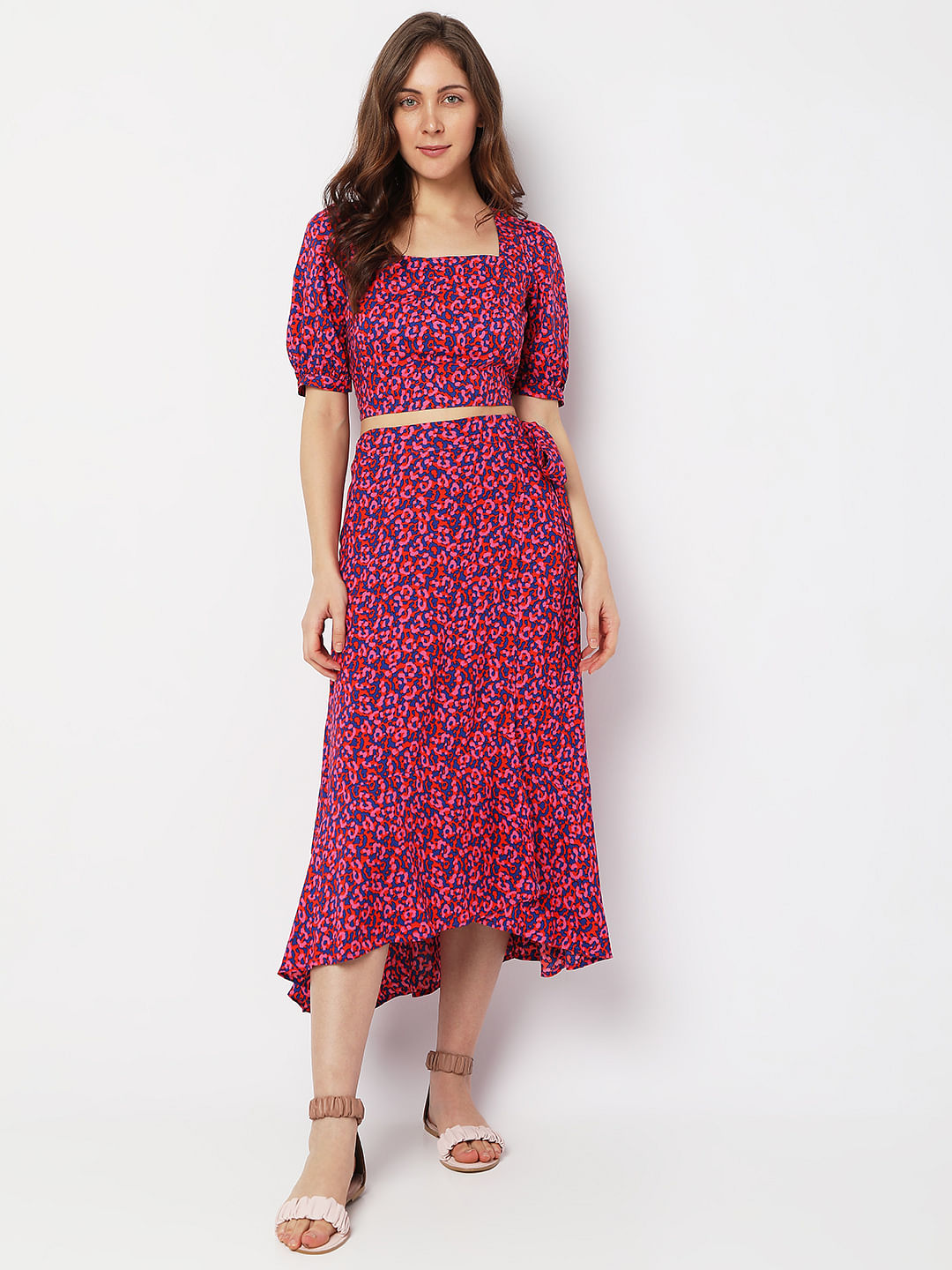 Pink Floral Wrap Tie-Up Co-Ord Set Skirt