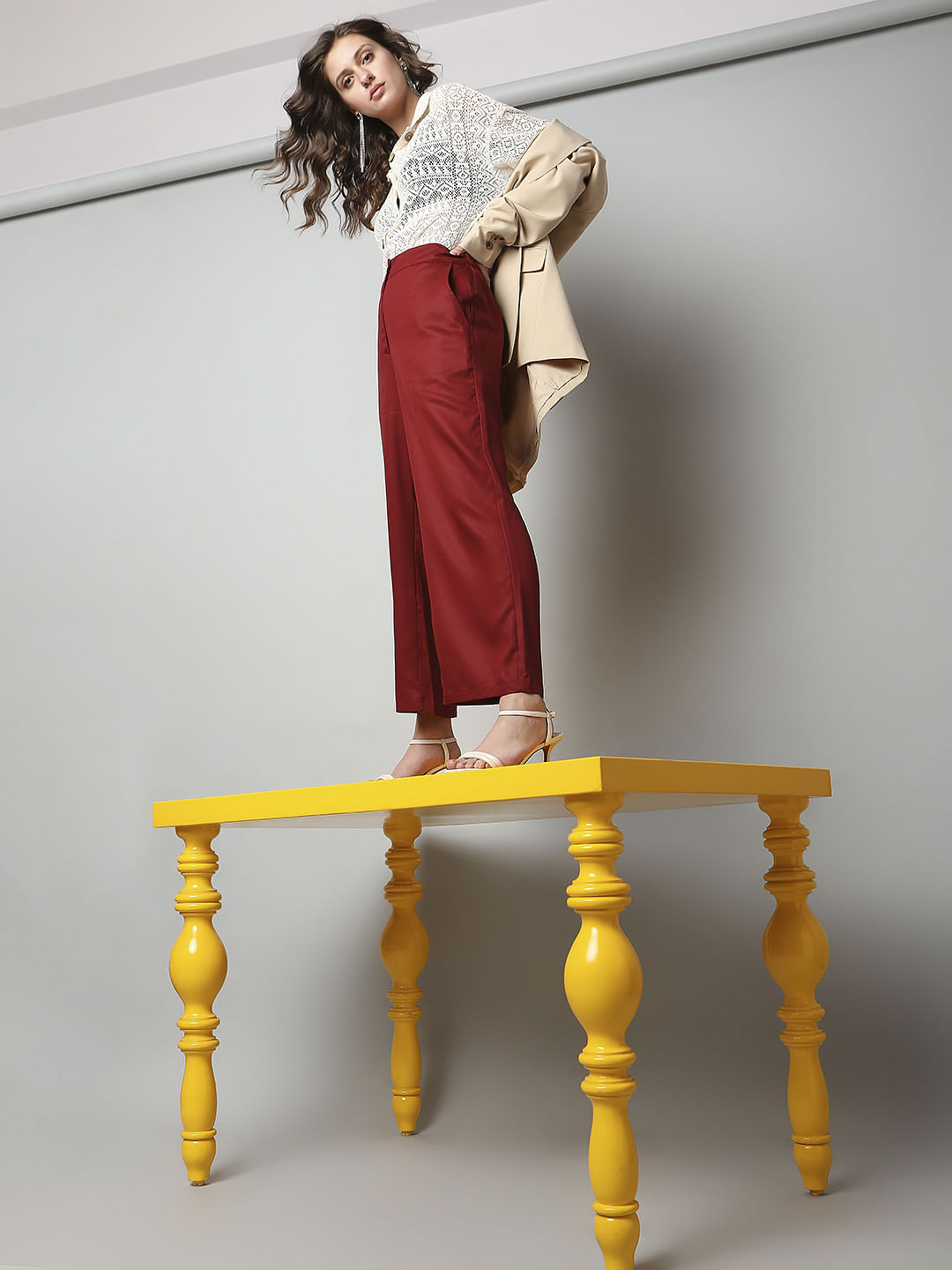 Maroon High Rise Wide Leg Pants