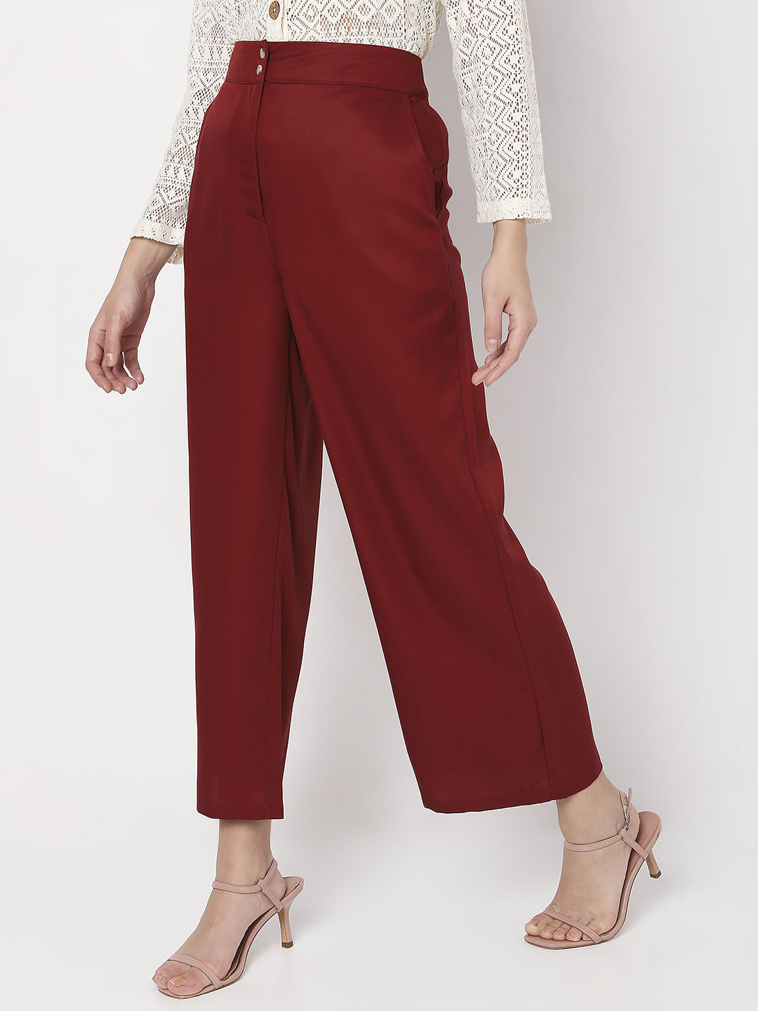 Maroon High Rise Wide Leg Pants