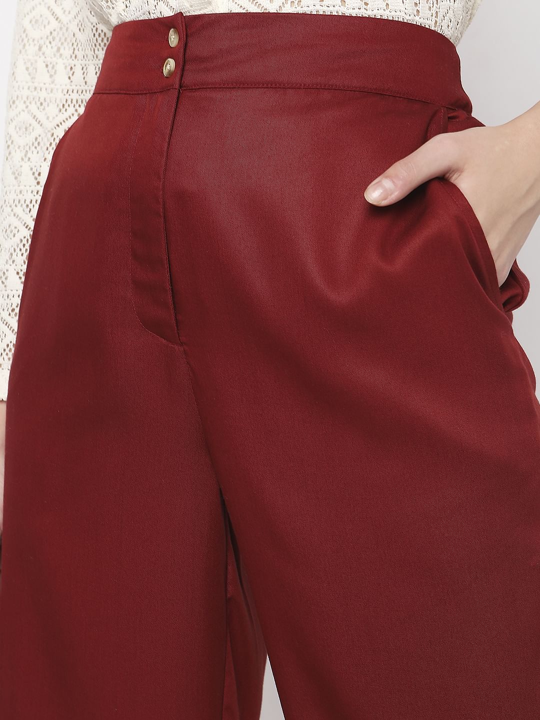 Maroon High Rise Wide Leg Pants
