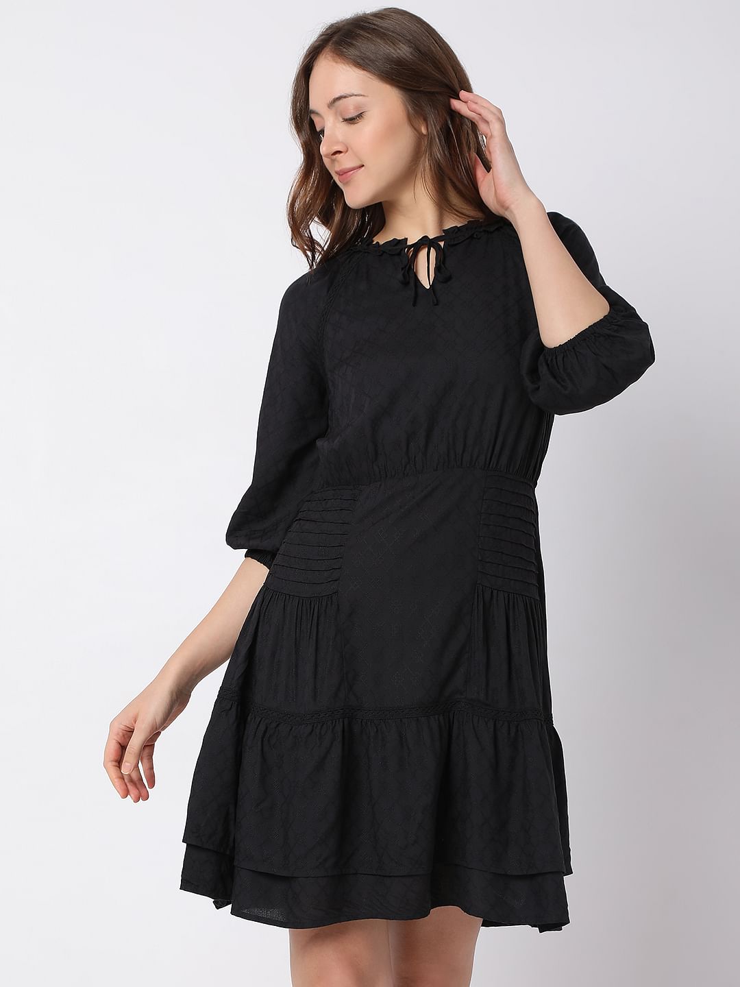 Black Jacquard Tiered Dress