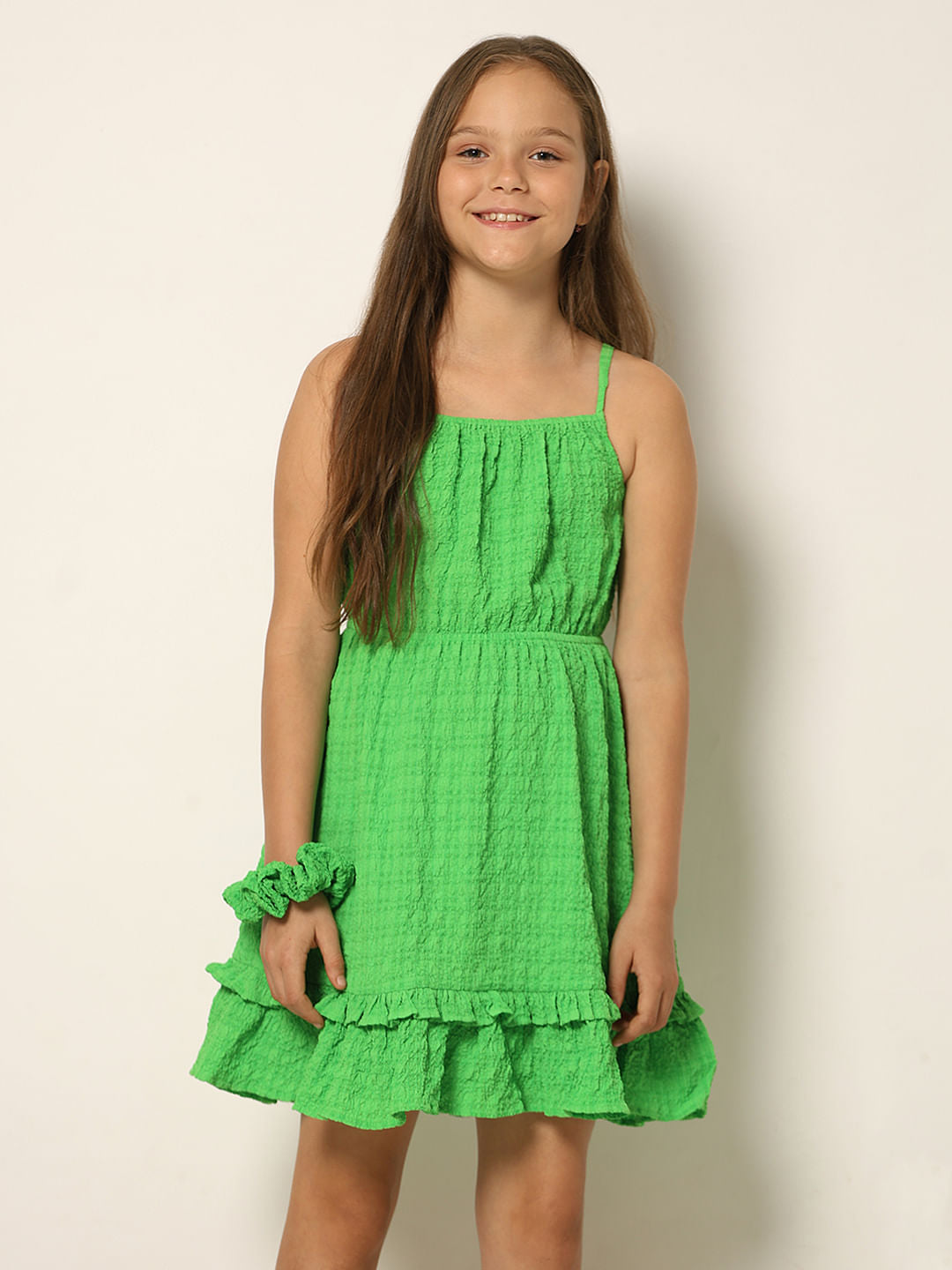 Green Crinkle Weave Fit & Flare Dress