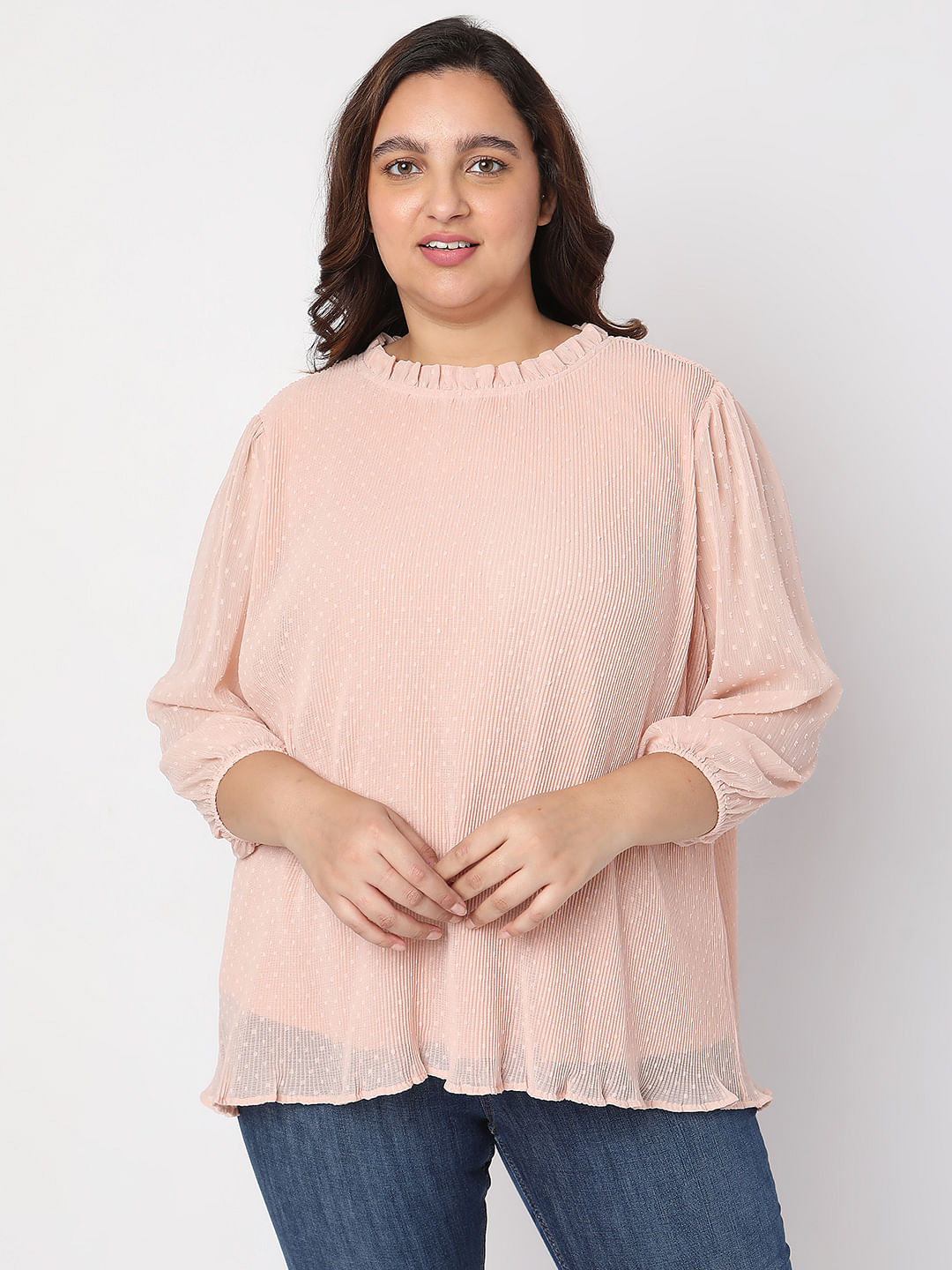 Curve Pink Ruffle Detail Top