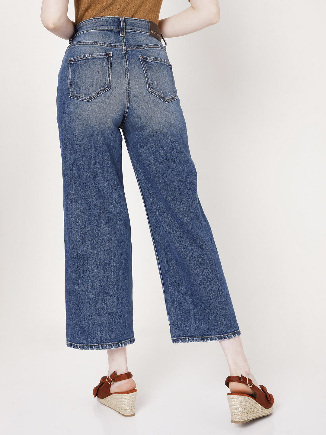 Blue High Rise Wide Leg Torn Jeans