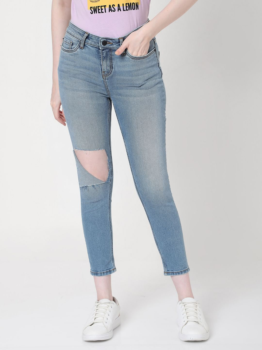Blue Mid Rise Ripped Skinny Jeans