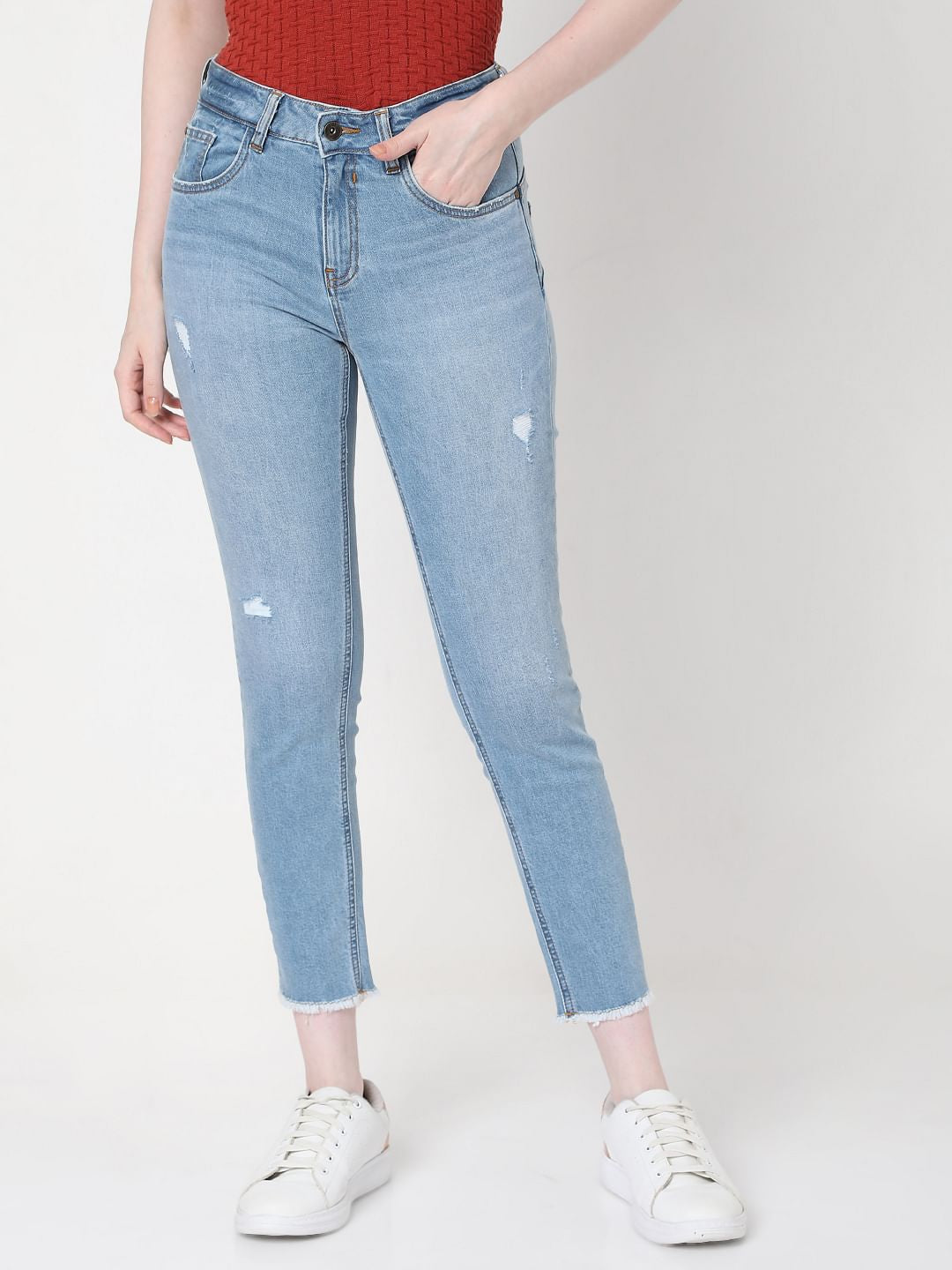 Blue Mid Rise Distressed Skinny Jeans
