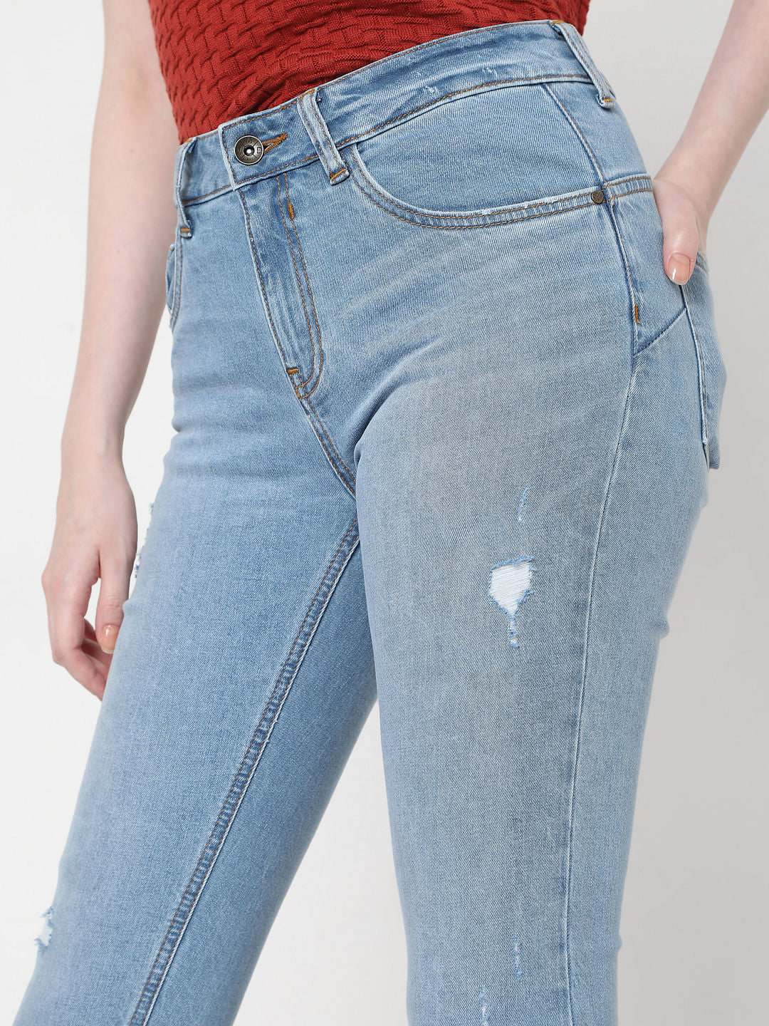 Blue Mid Rise Distressed Skinny Jeans