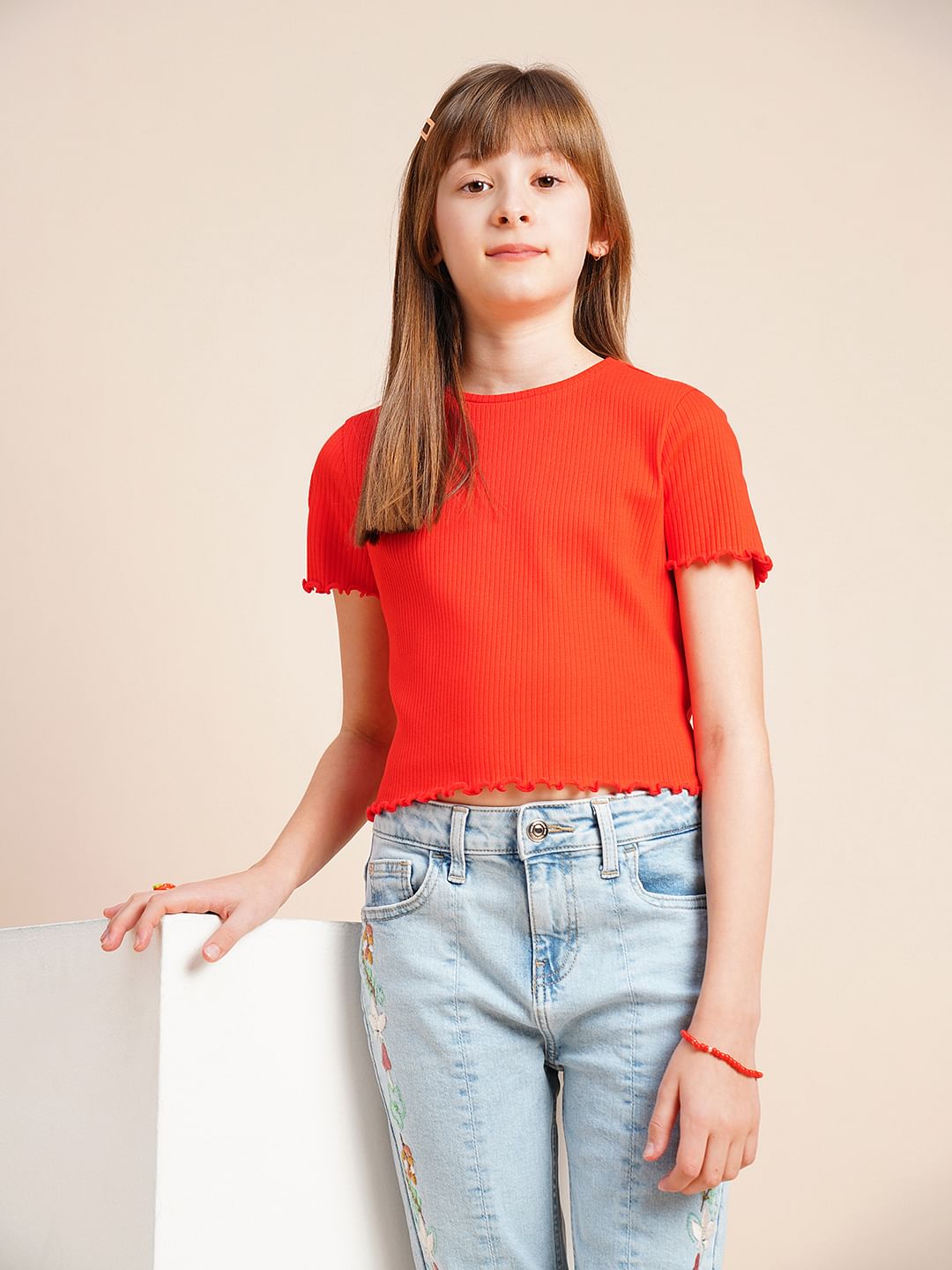 Girls Red Knitted Lettuce Hem Top