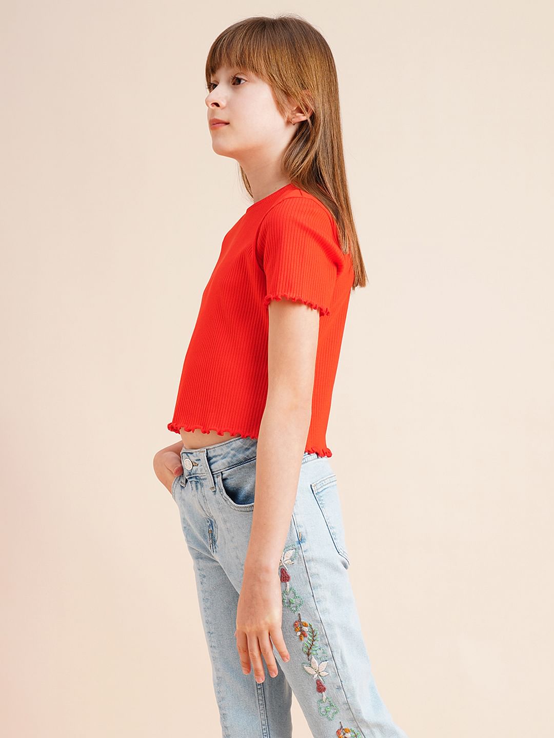 Girls Red Knitted Lettuce Hem Top