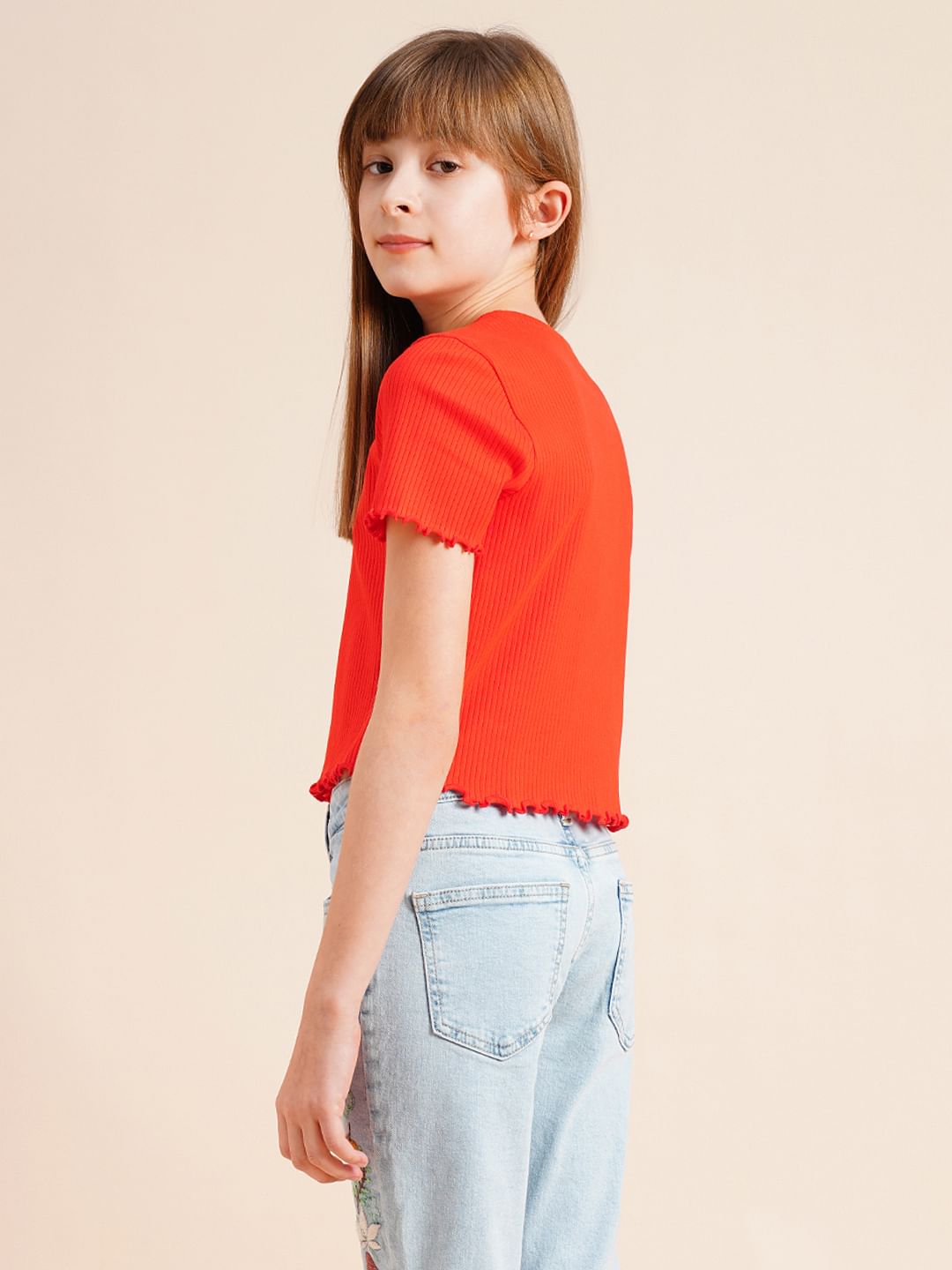 Girls Red Knitted Lettuce Hem Top