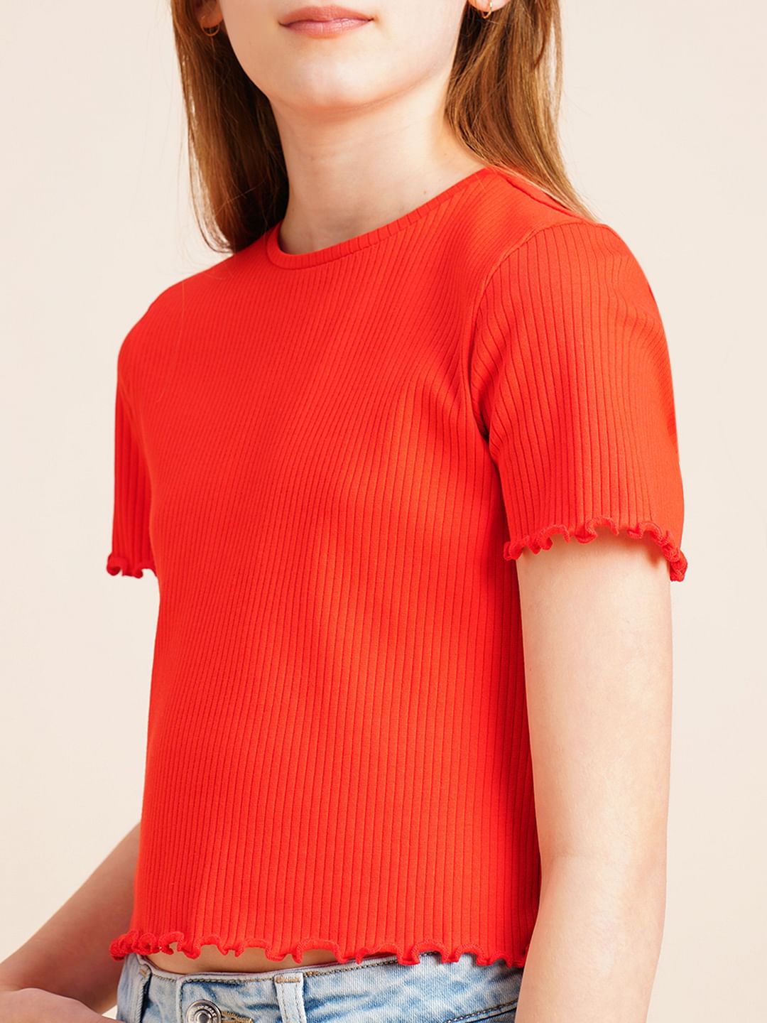 Girls Red Knitted Lettuce Hem Top