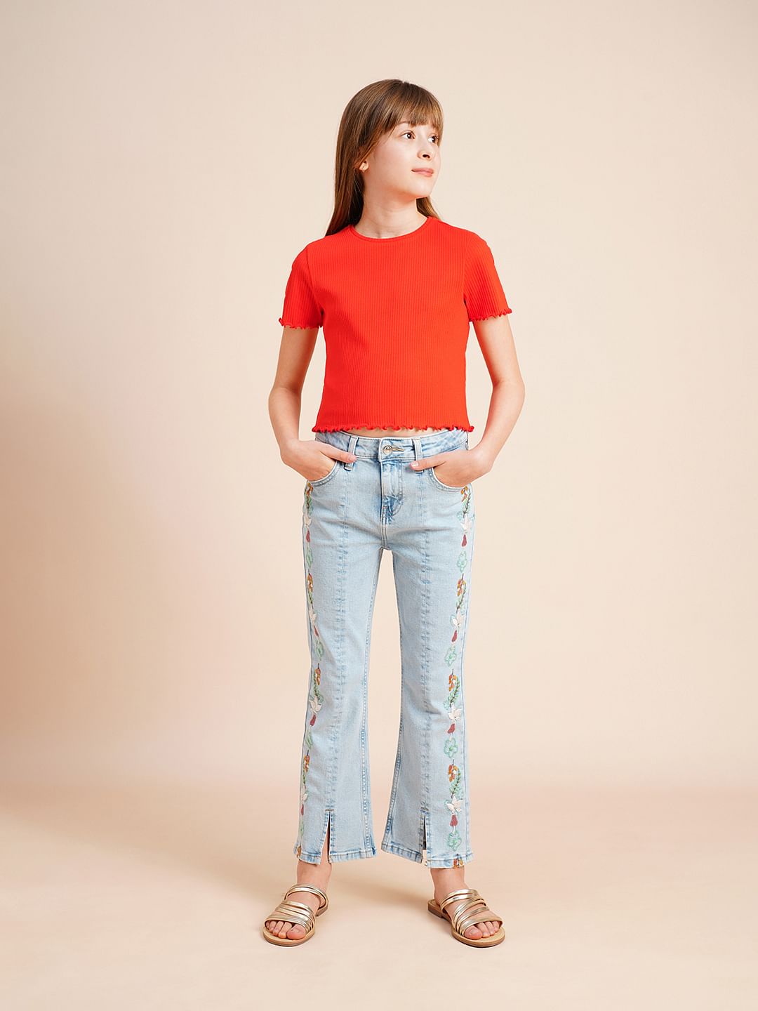 Girls Red Knitted Lettuce Hem Top