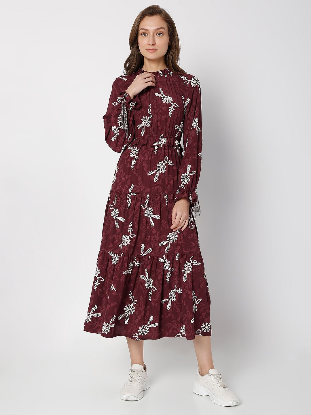 Maroon Floral Tiered Midi Dress