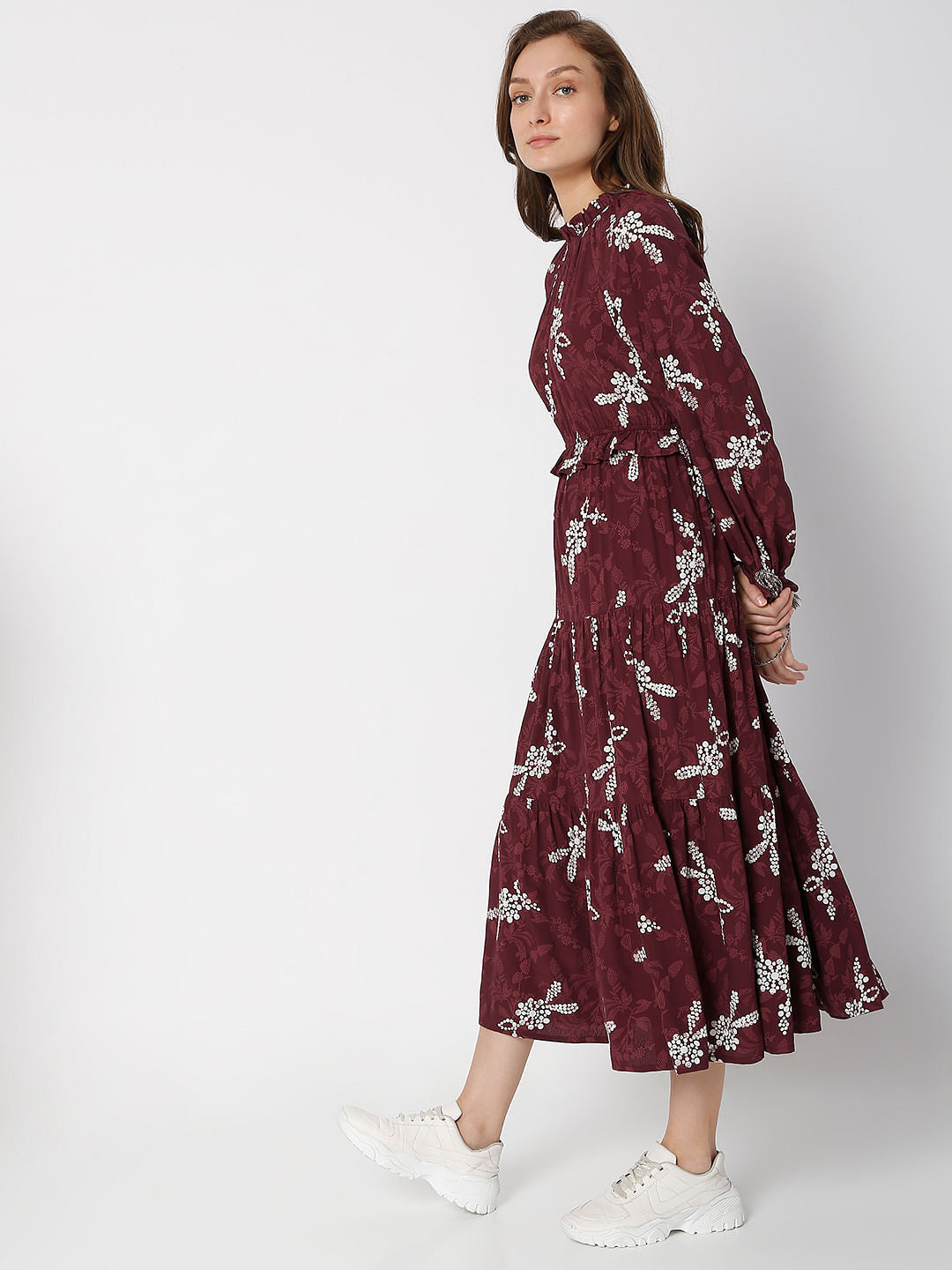 Maroon Floral Tiered Midi Dress