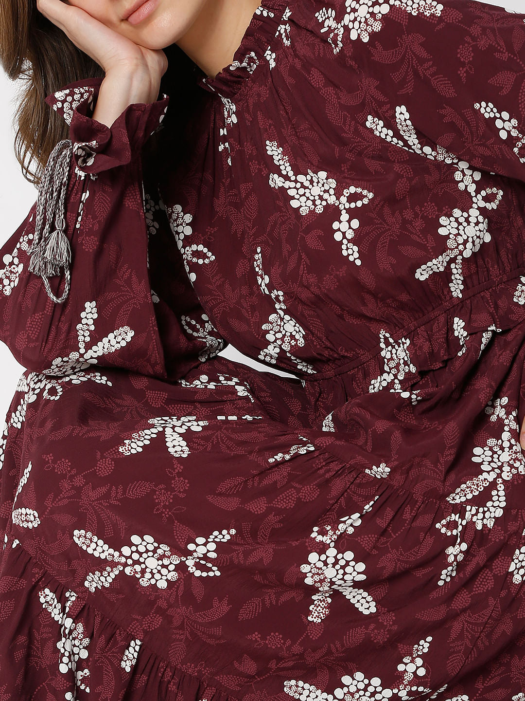 Maroon Floral Tiered Midi Dress