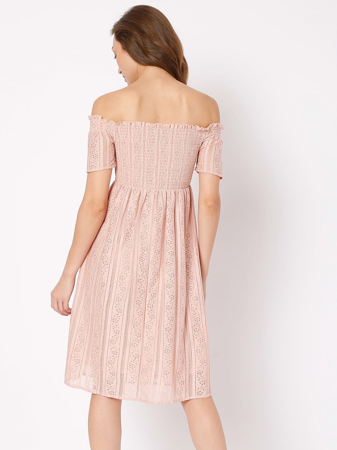 Pink Off-Shoulder Smocked Dress