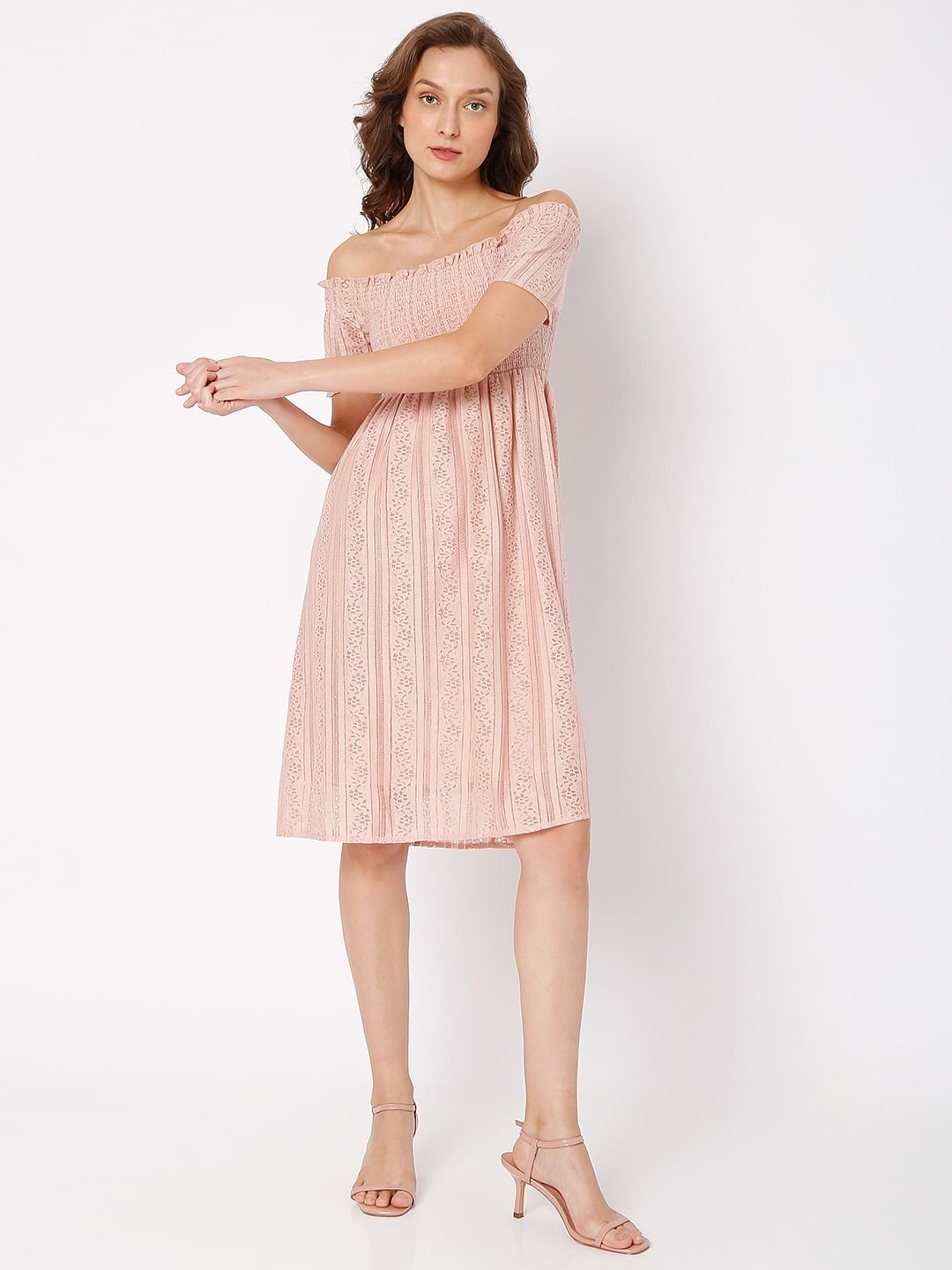 Pink Off-Shoulder Smocked Dress