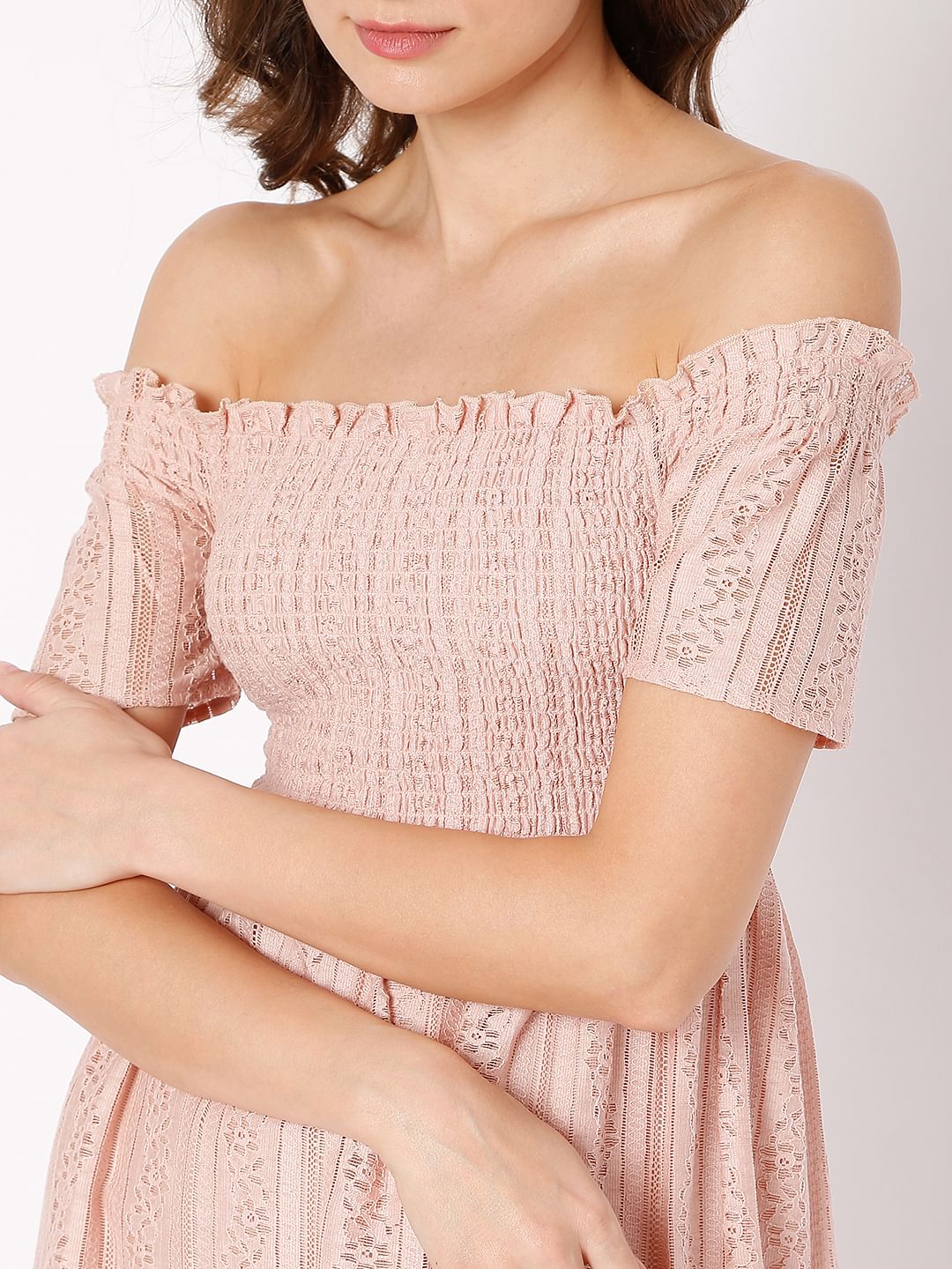 Pink Off-Shoulder Smocked Dress