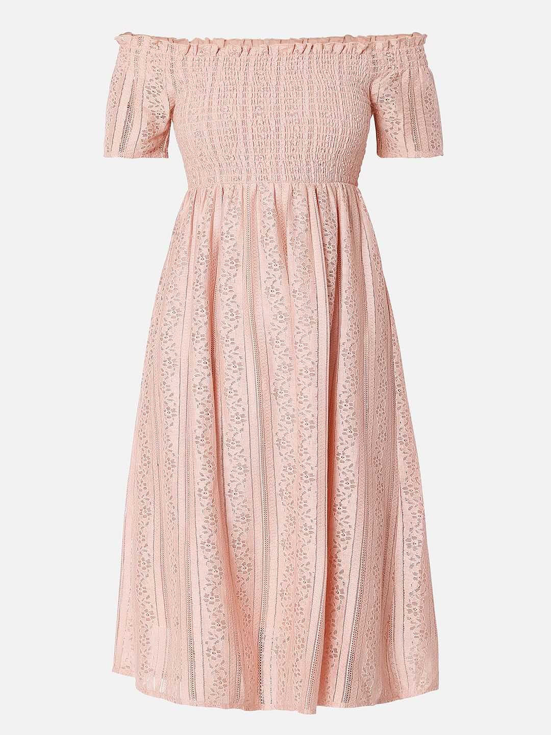 Pink Off-Shoulder Smocked Dress