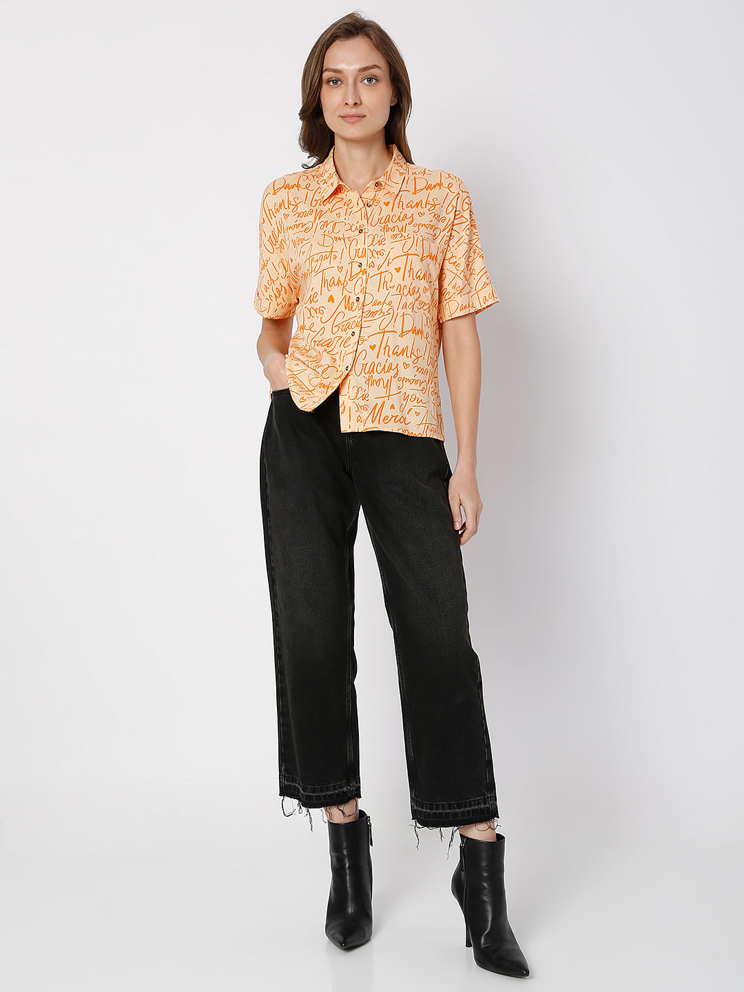 Orange Typographic Print Shirt
