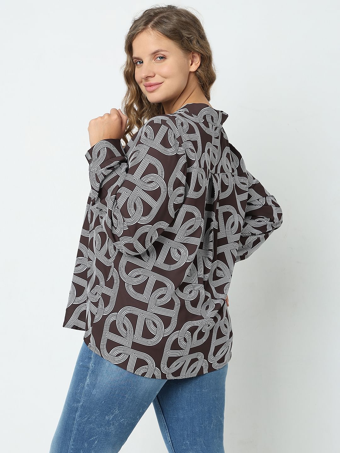 Curve Brown Abstract Print Top