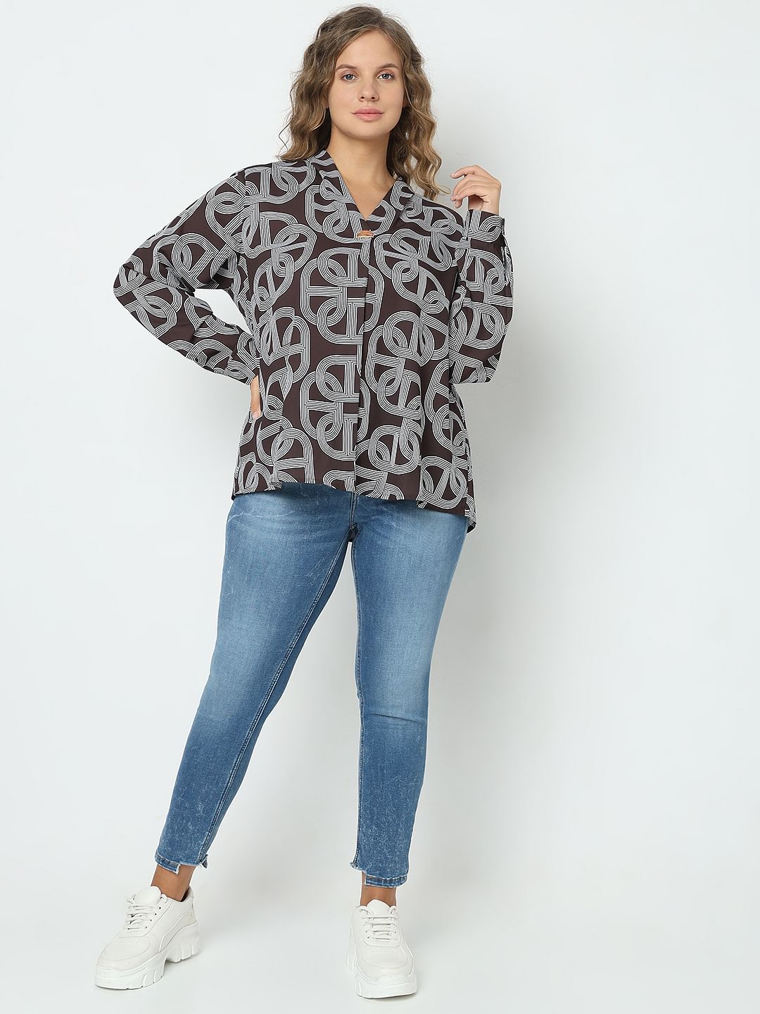 Curve Brown Abstract Print Top