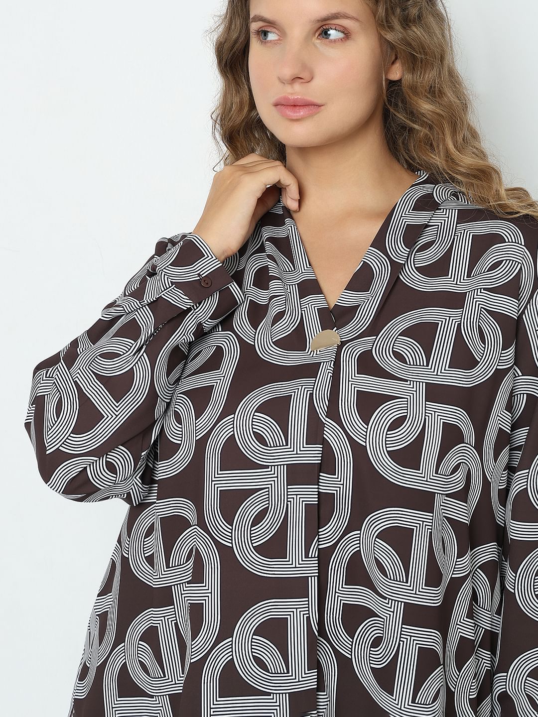 Curve Brown Abstract Print Top