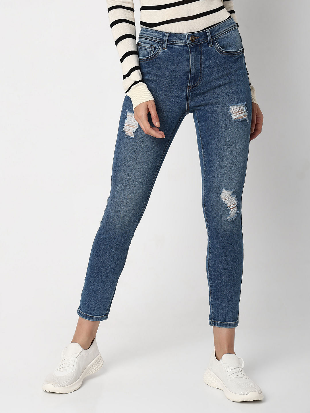 Blue Mid Rise Distressed Wendy Skinny Jeans