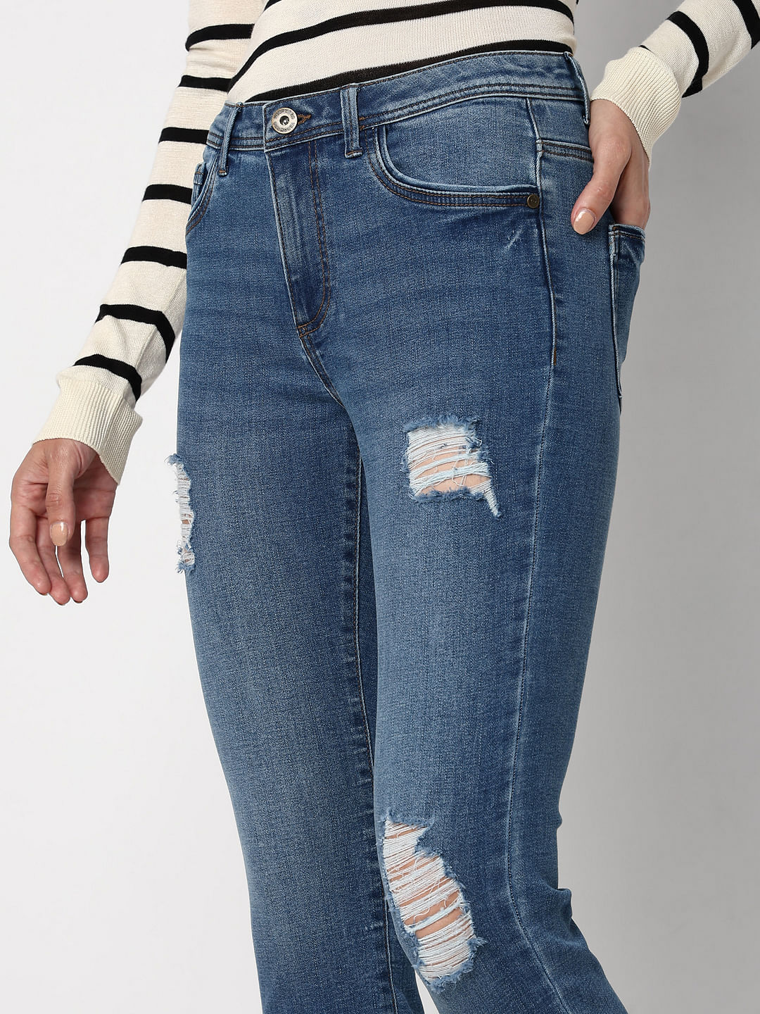 Blue Mid Rise Distressed Wendy Skinny Jeans