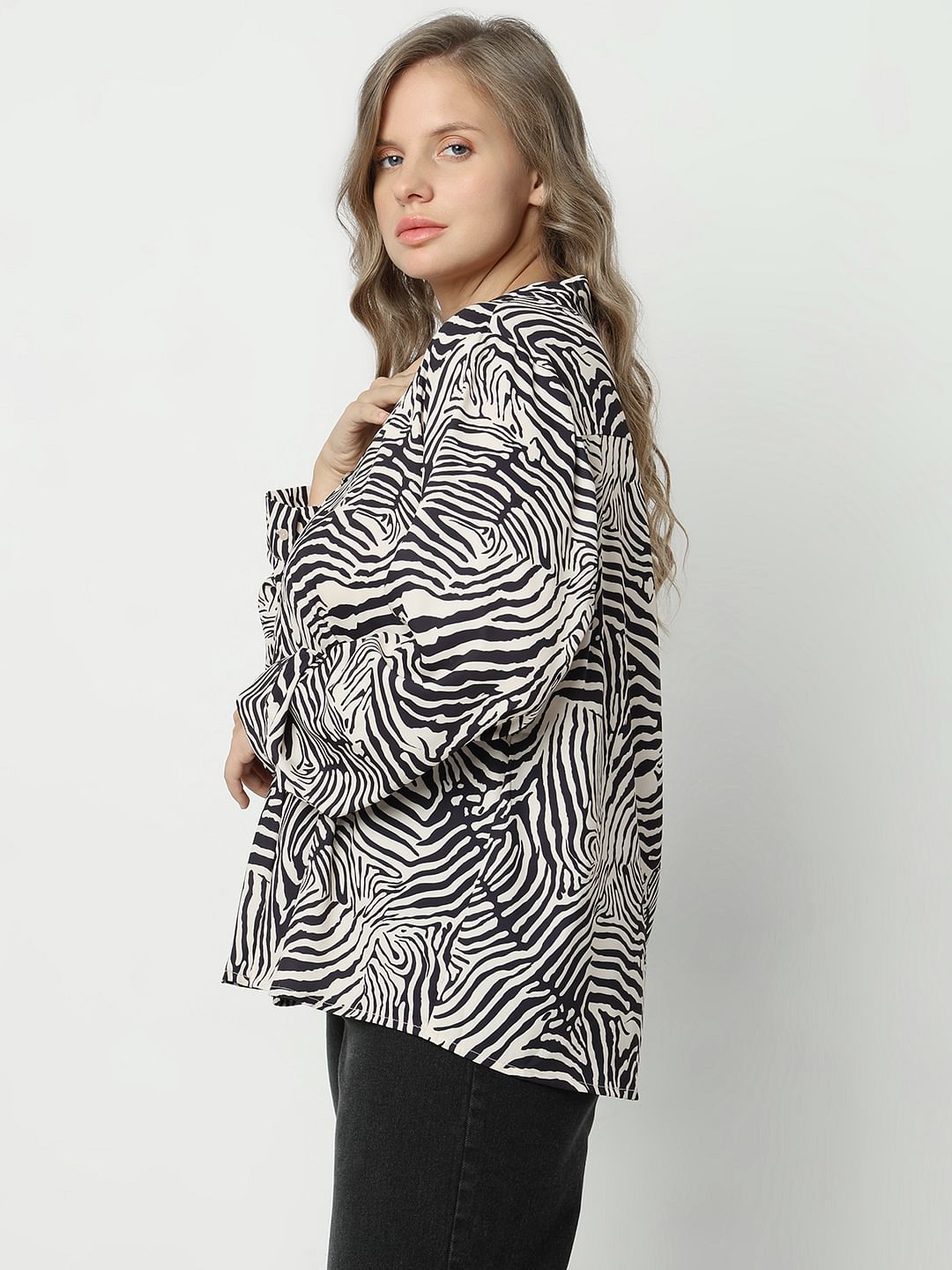 Curve Beige Printed Full Sleeves Top