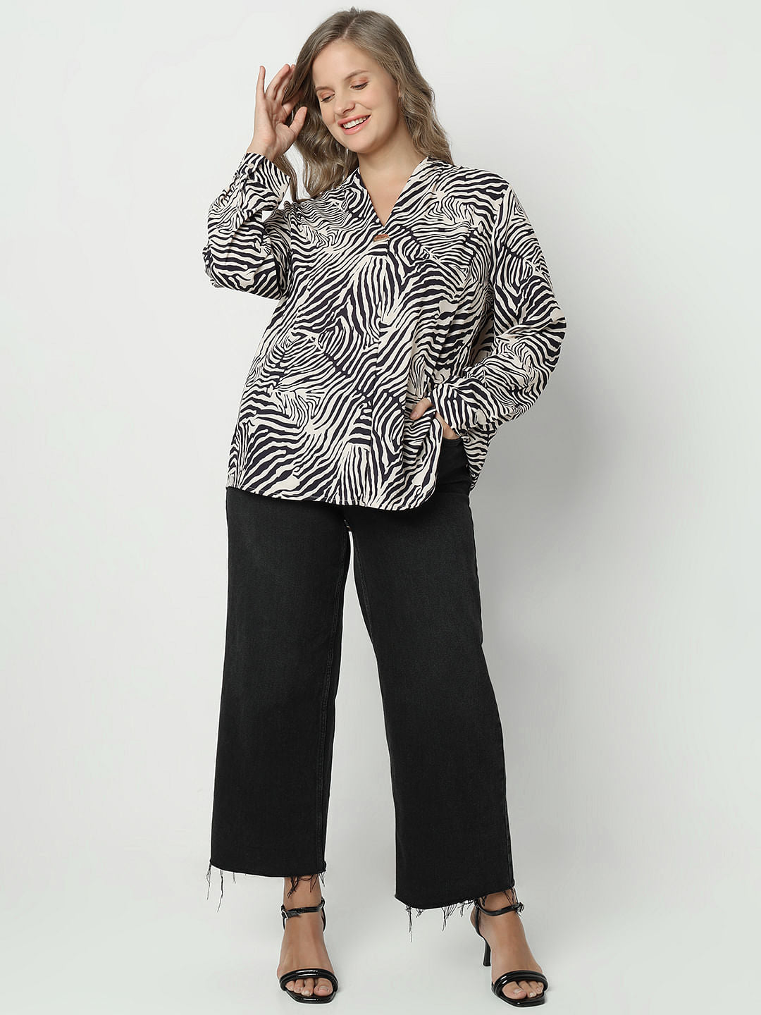 Curve Beige Printed Full Sleeves Top