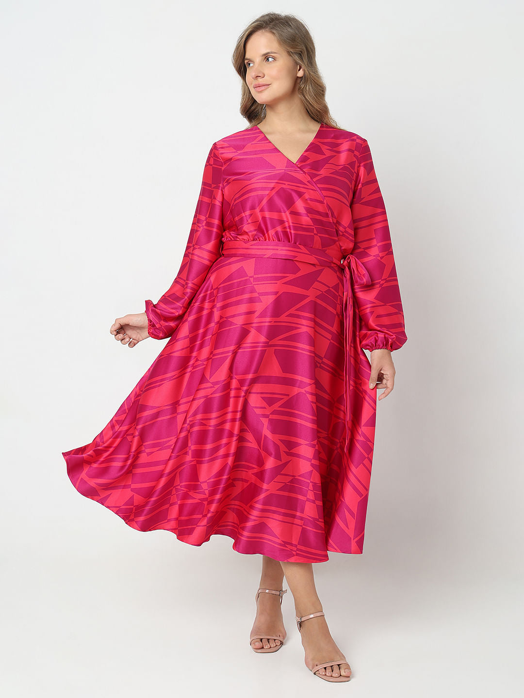 Curve Pink Printed Wrap Dress