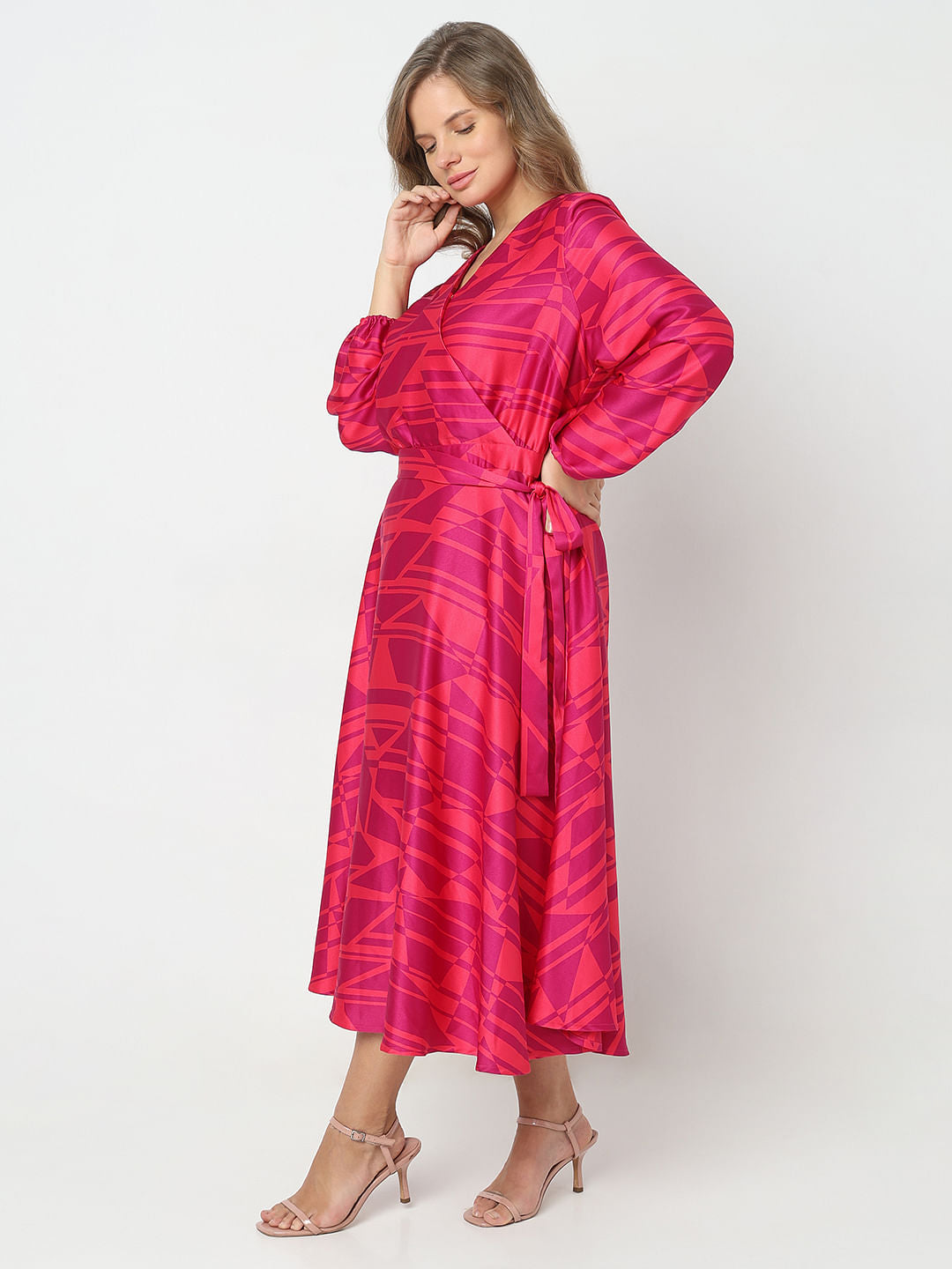 Curve Pink Printed Wrap Dress