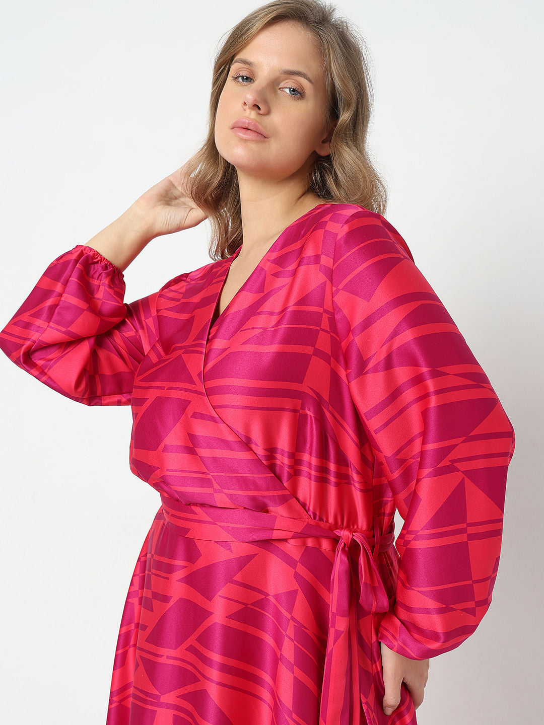 Curve Pink Printed Wrap Dress
