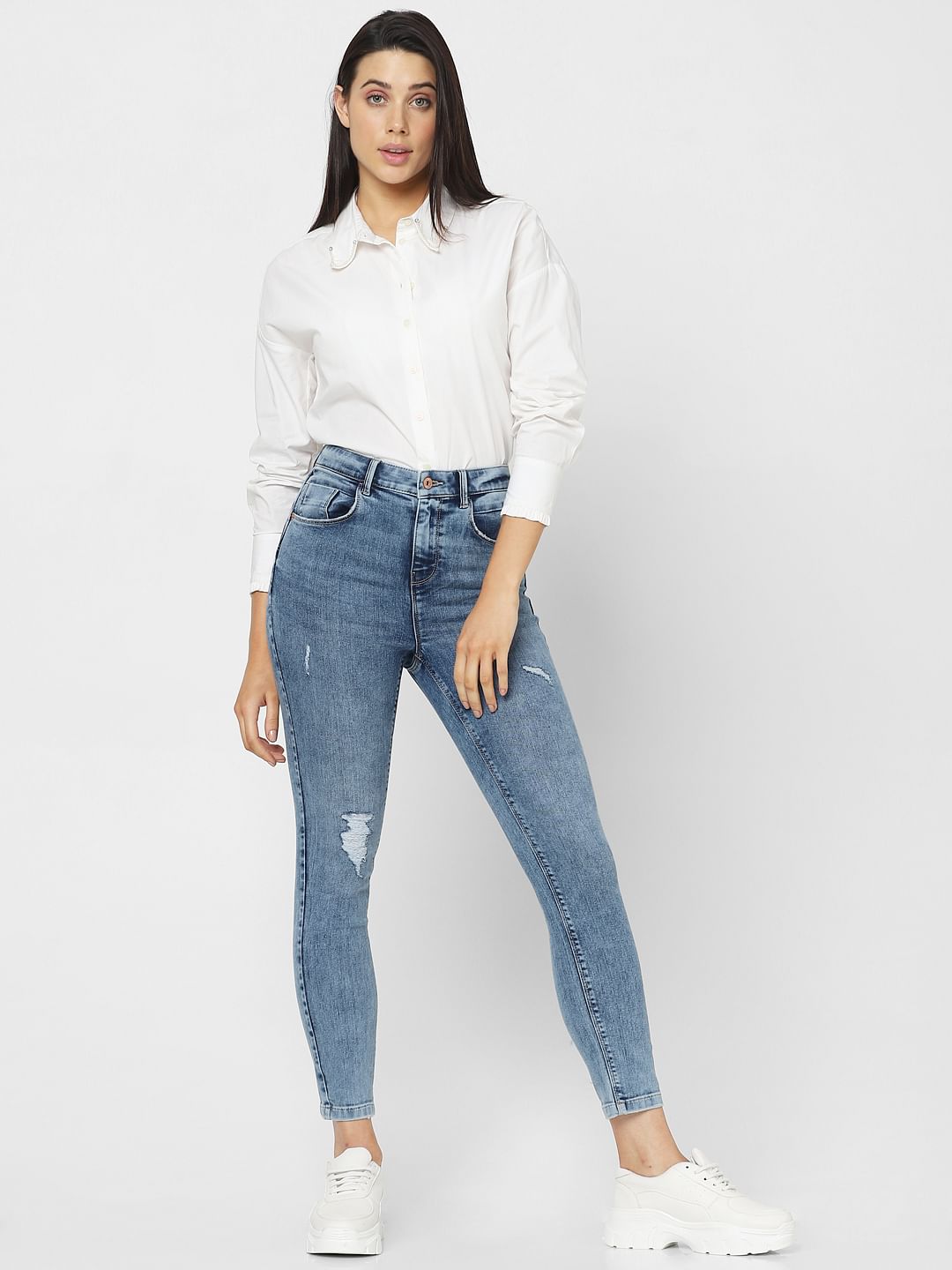 Blue Mid Rise Distressed Wendy Skinny Jeans