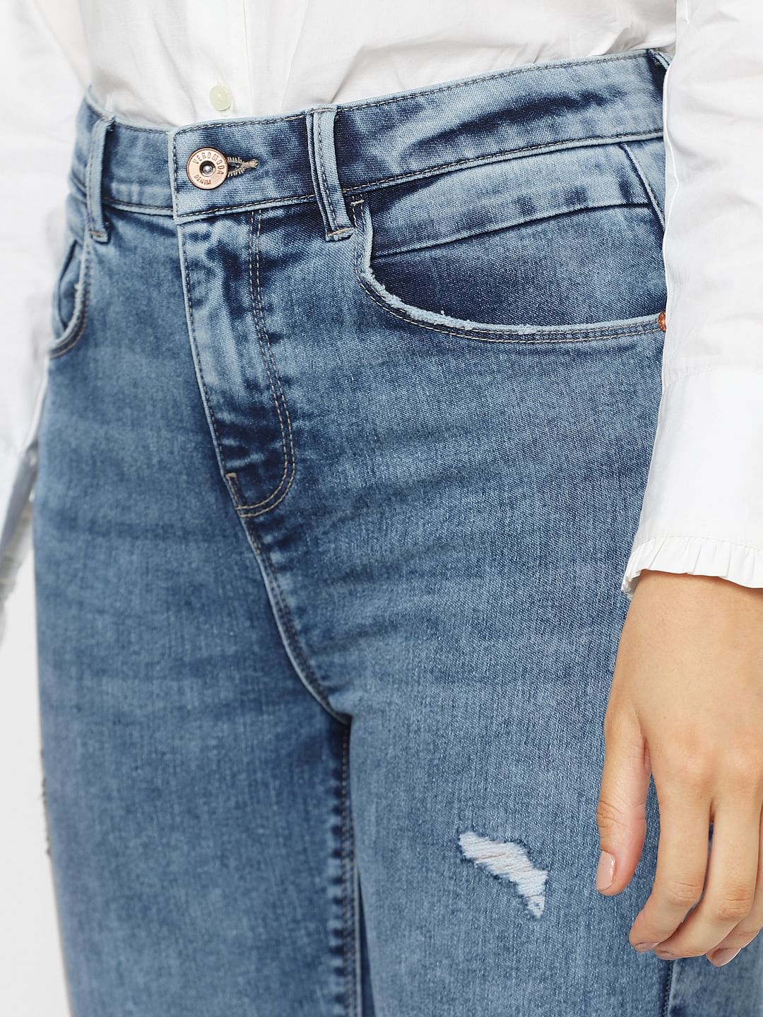 Blue Mid Rise Distressed Wendy Skinny Jeans