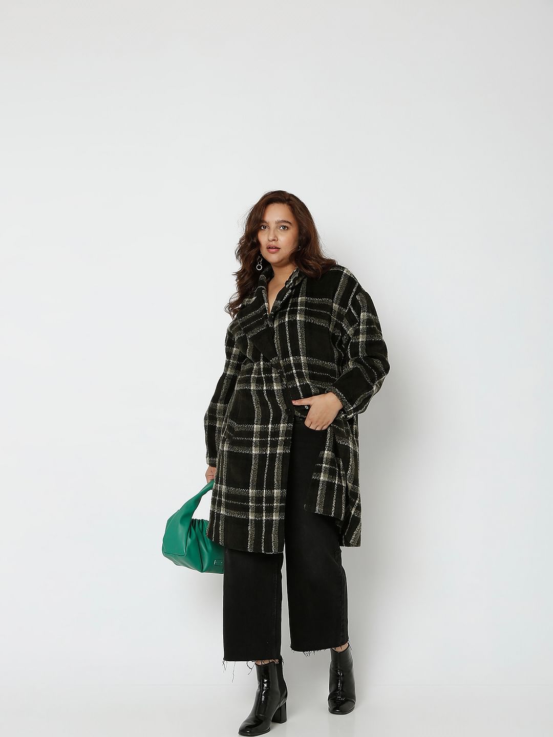 Curve Dark Green Check Long Overcoat