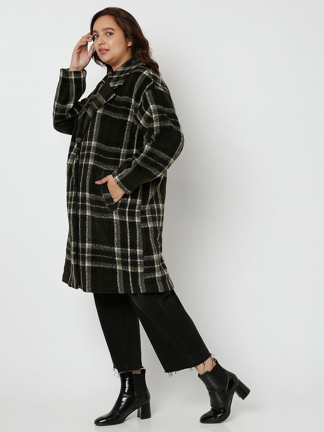 Curve Dark Green Check Long Overcoat