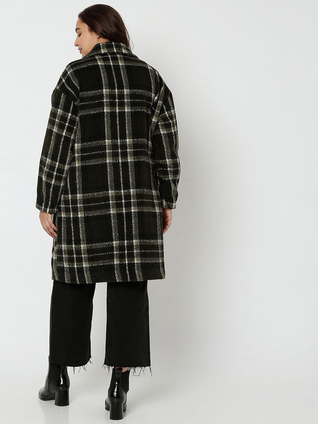 Curve Dark Green Check Long Overcoat
