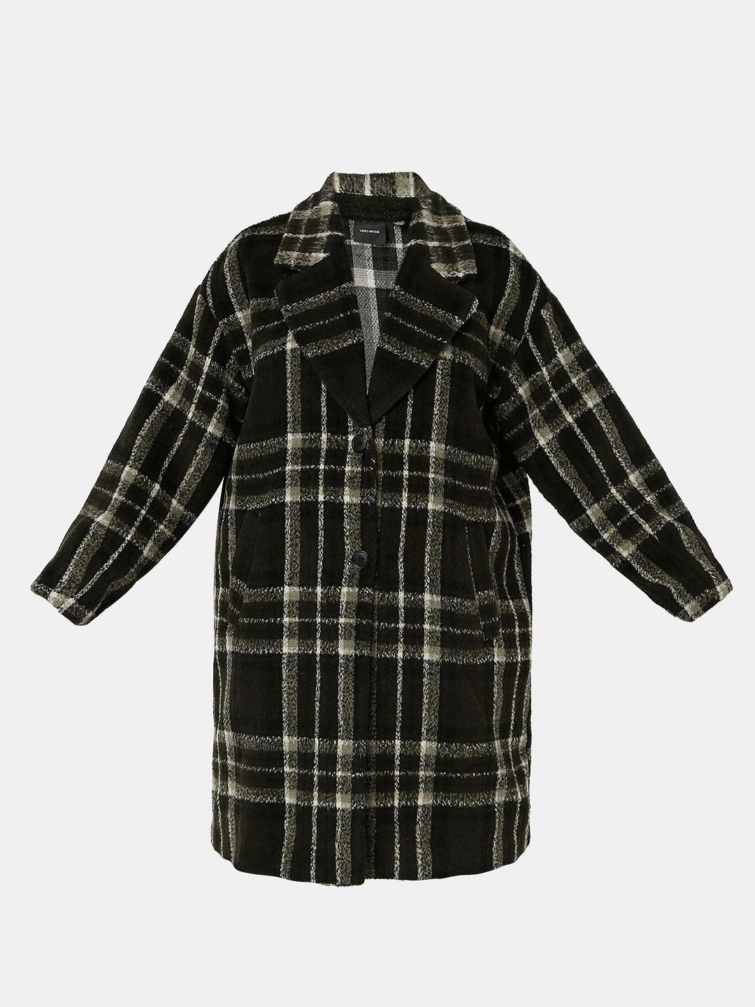 Curve Dark Green Check Long Overcoat