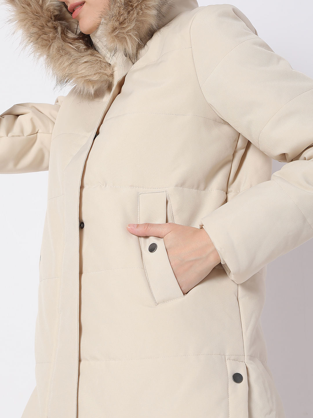 Beige Fur Hooded Coat
