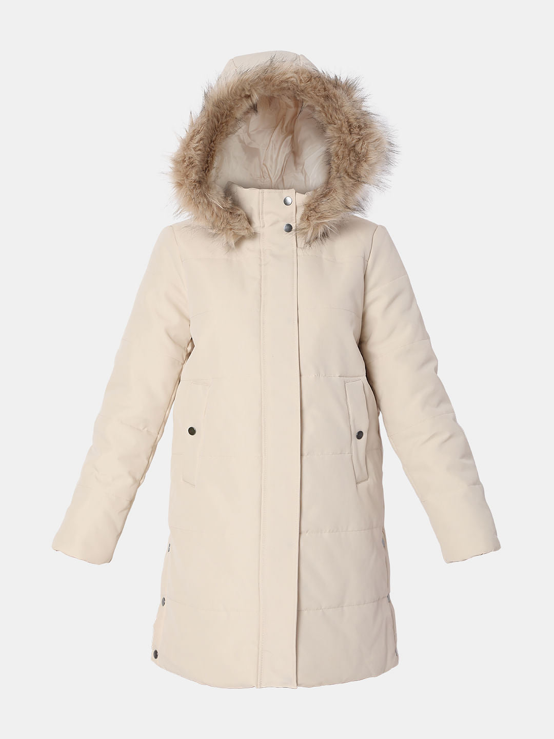 Beige Fur Hooded Coat