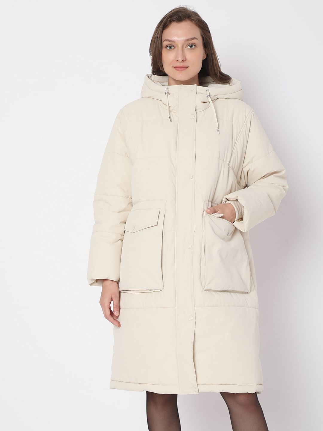 Beige Hooded Long Puffer Jacket